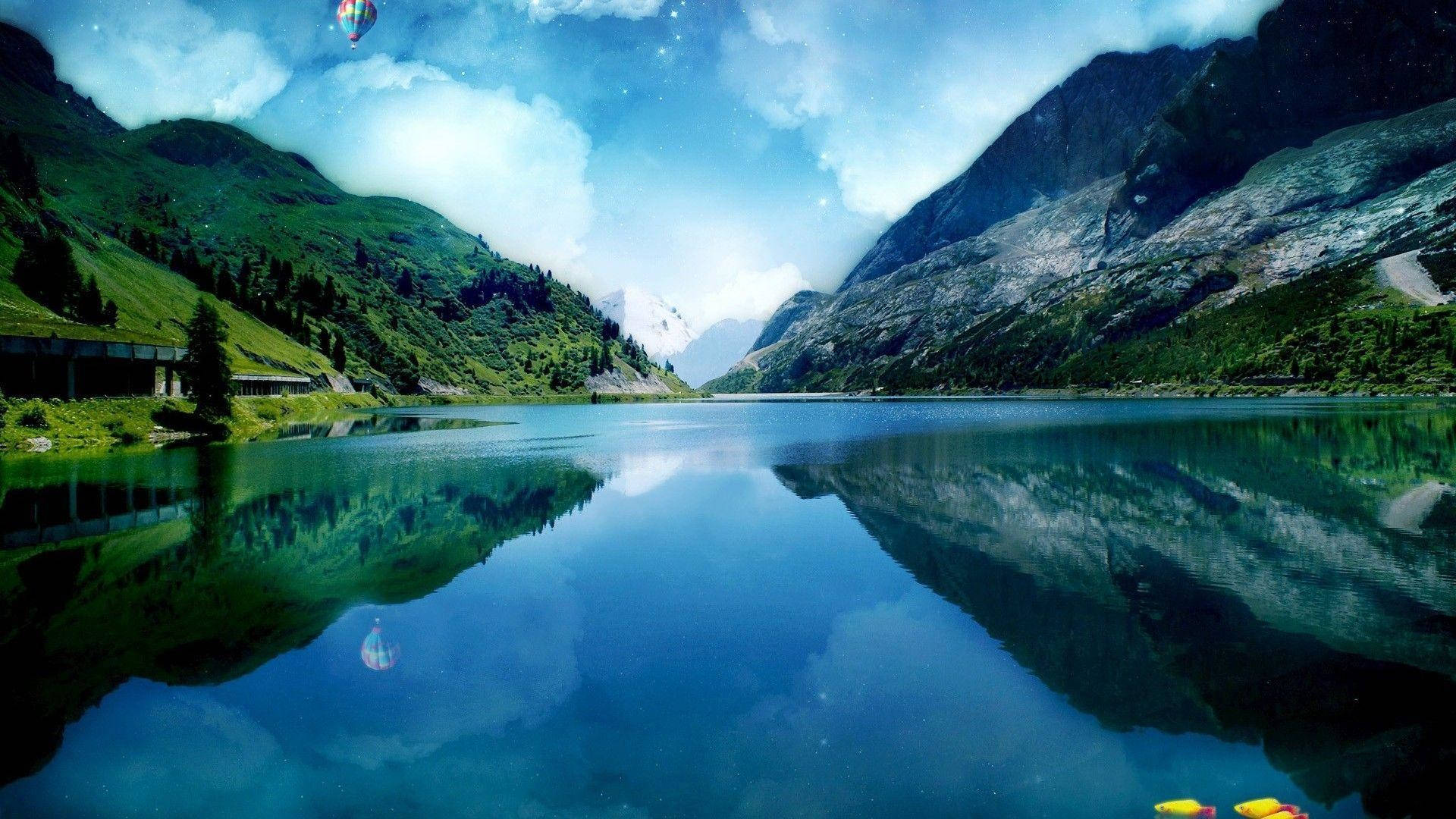 Aesthetic Landscape, reflective water, mountain lake, Full HD Desktop Wallpaper