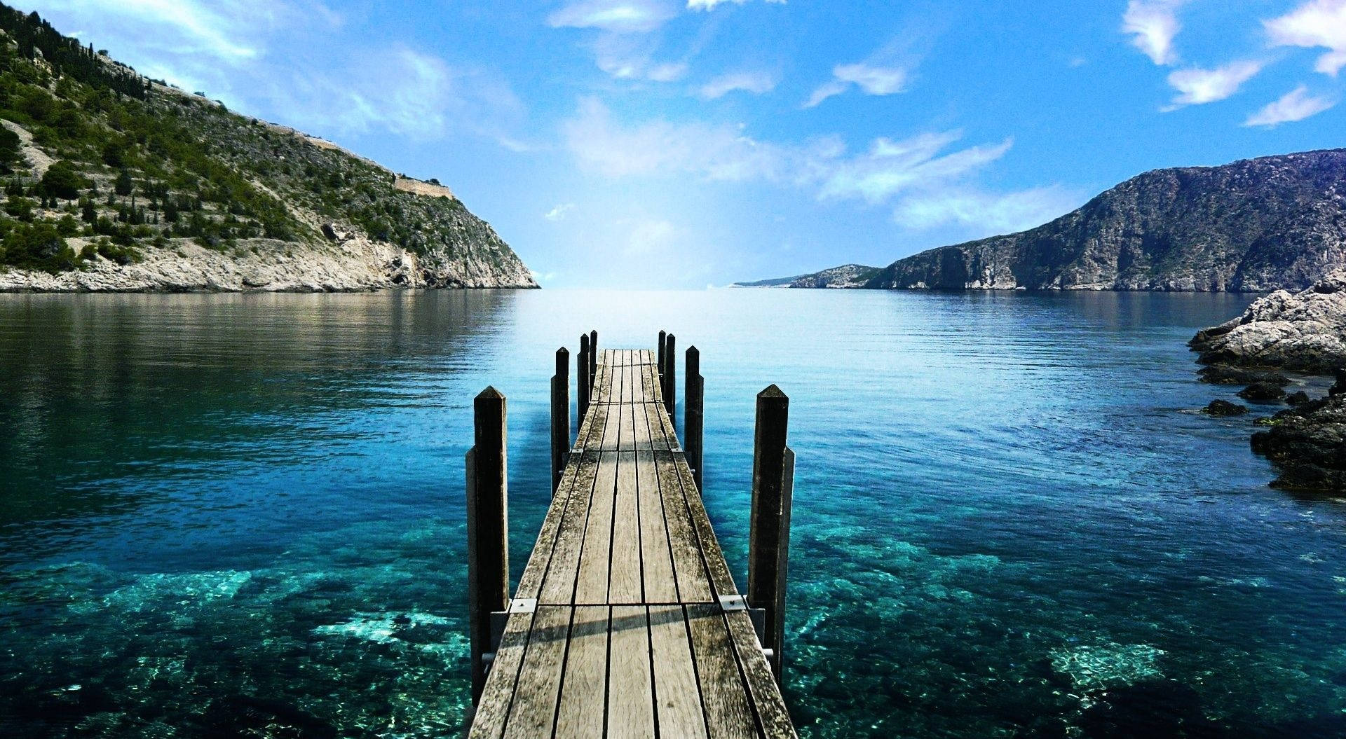 wooden bridge, crystal clear turquoise water, rugged green hills, Full HD Desktop Wallpaper