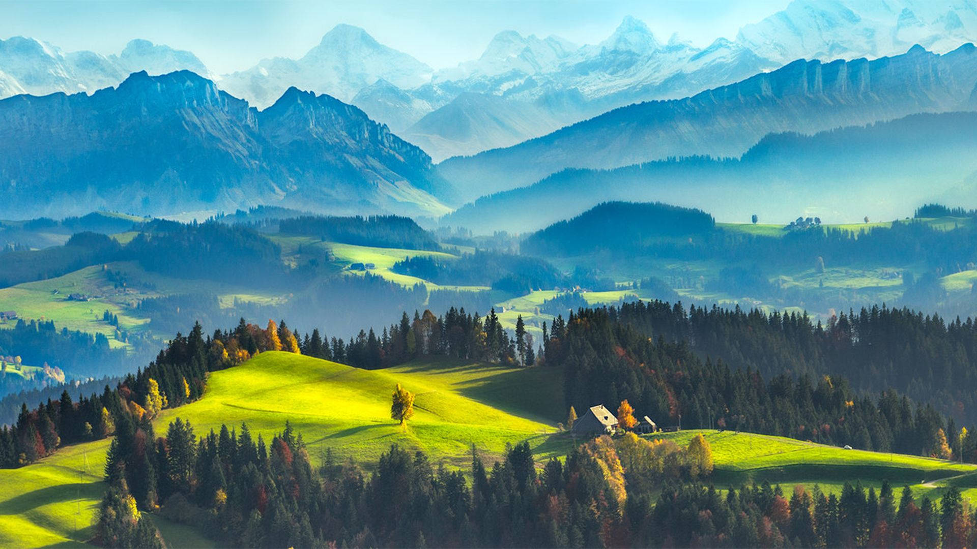alpine valley, emerald hills, snow-capped peaks, Full HD Desktop Wallpaper