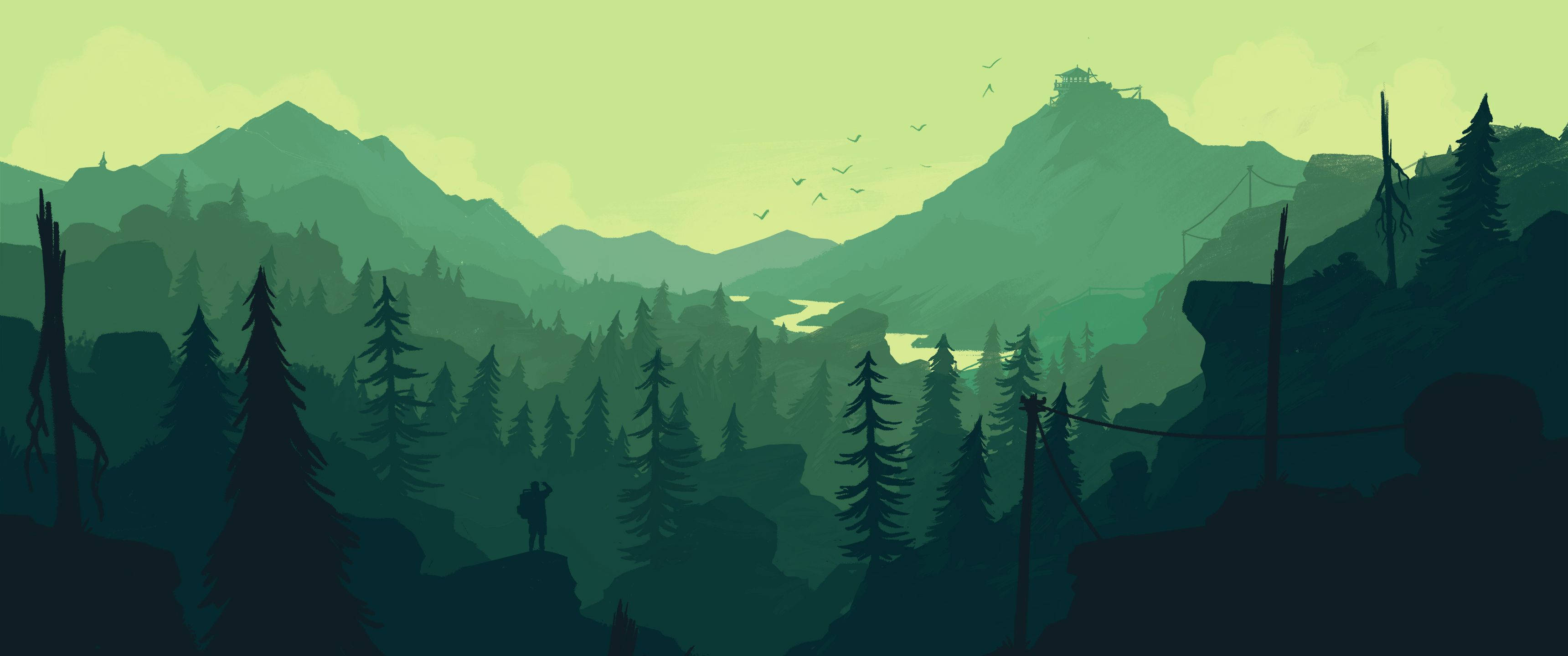 ultrawide scenic artwork, misty green valley, mountains, 2K Desktop Wallpaper
