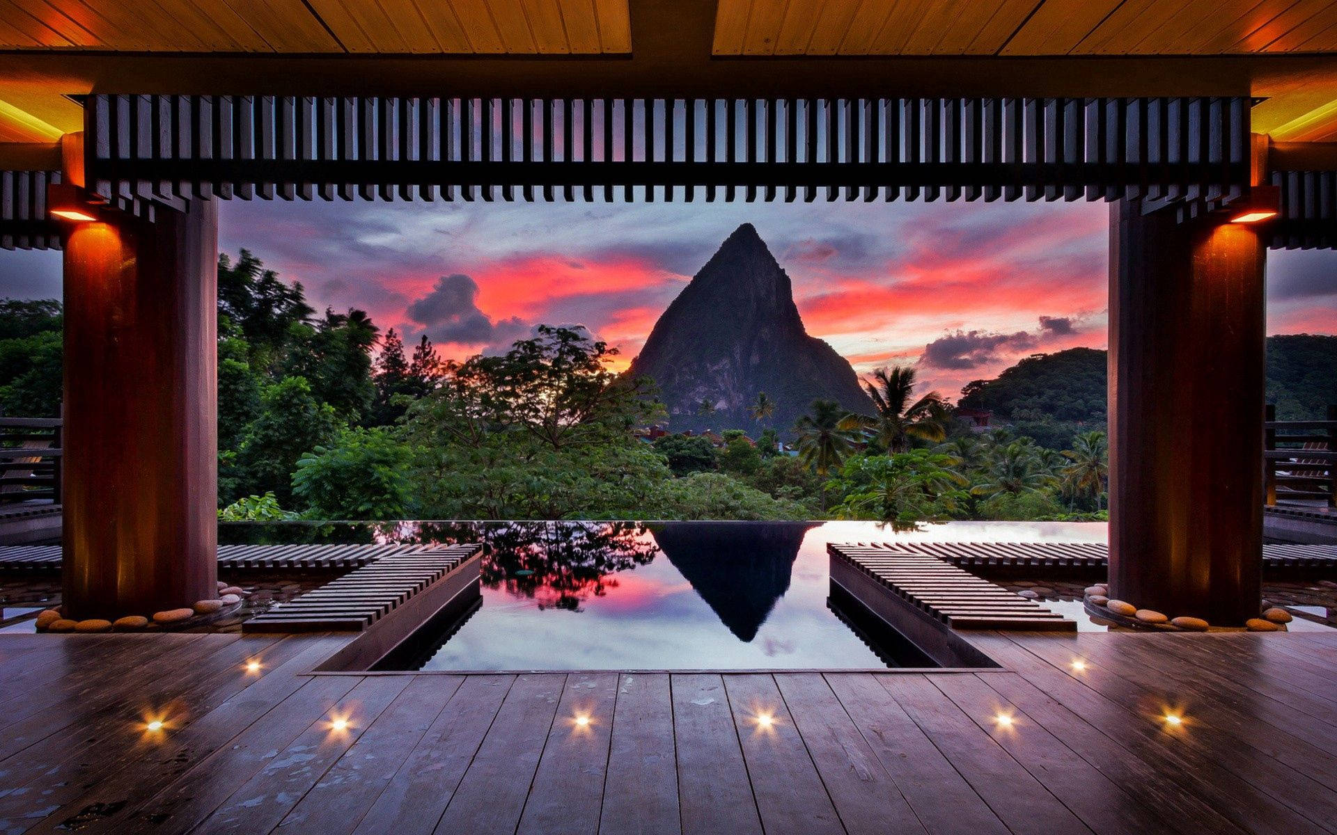 wooden deck, infinity pool, dramatic sunset, Full HD Desktop Wallpaper