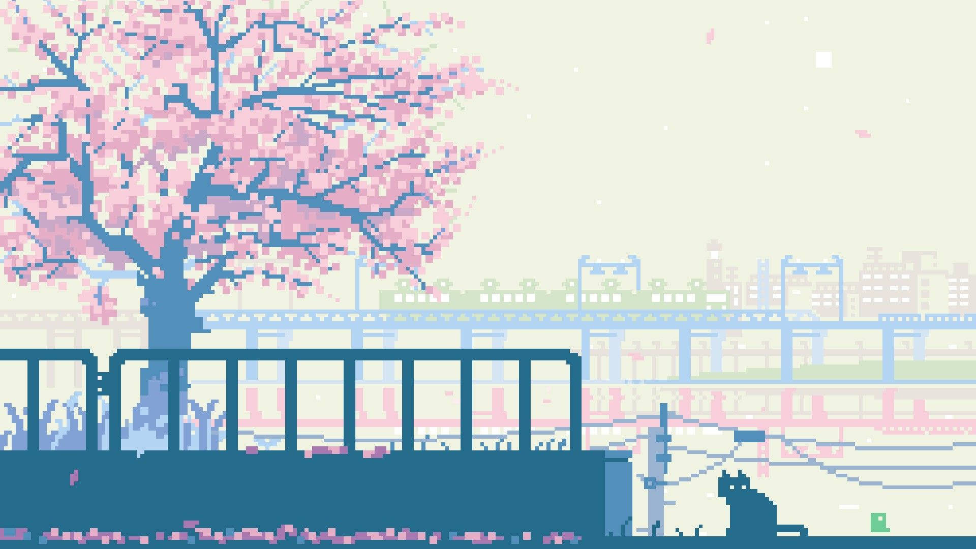 pixel art, cherry blossom tree, river, Full HD Desktop Wallpaper