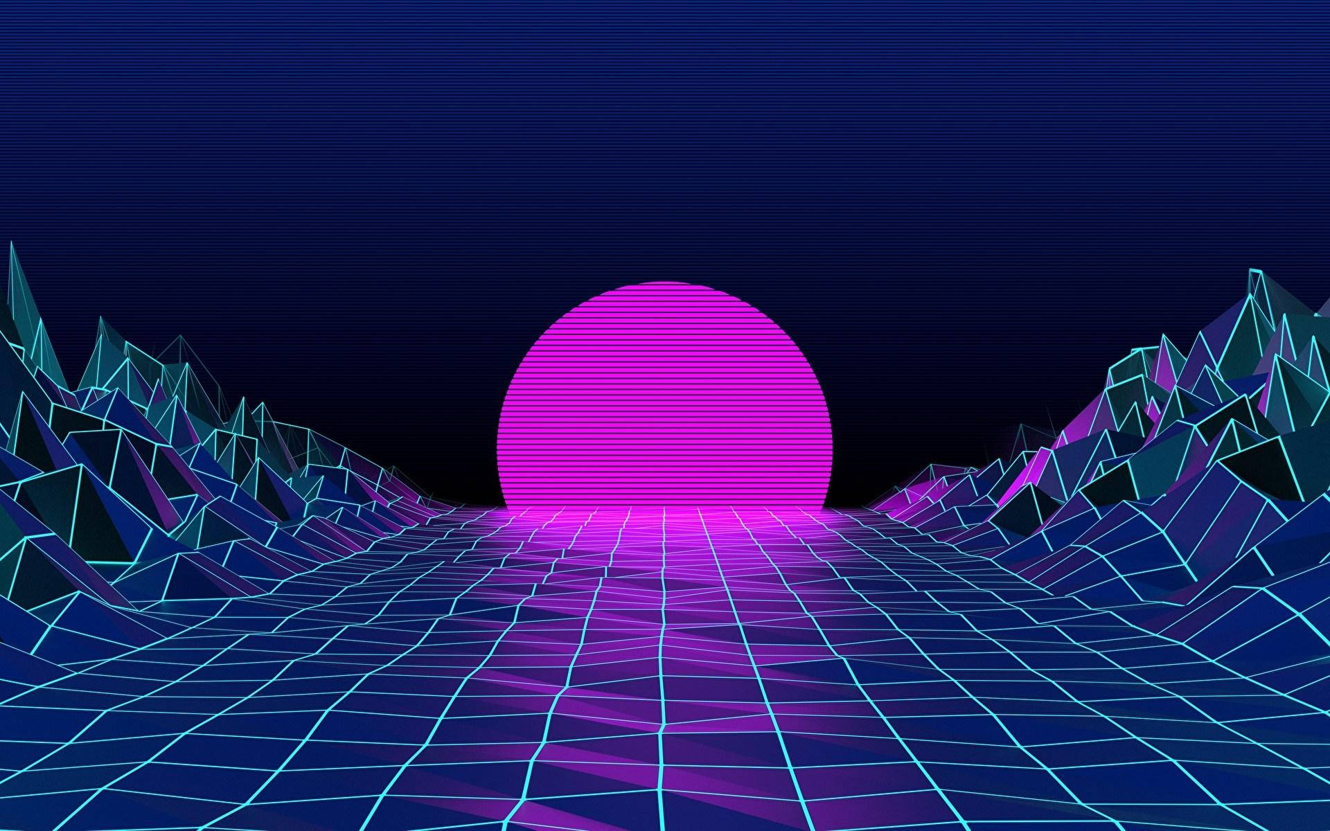 vaporwave, neon pink sun, glowing grid landscape, Full HD Desktop Wallpaper