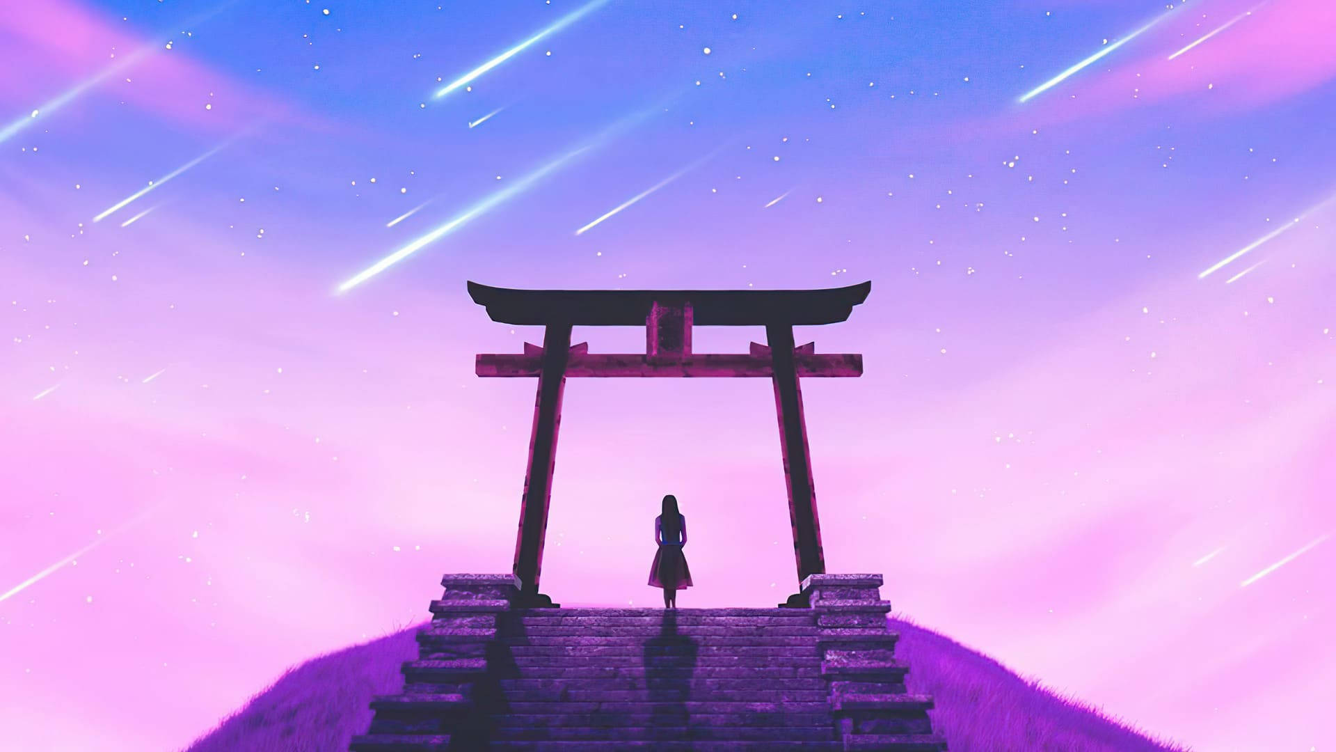 meteor shower, torii gate, hilltop, Full HD Desktop Wallpaper