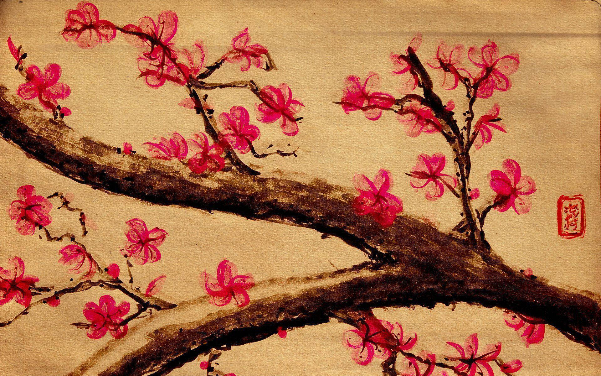 aesthetic laptop, tree branch, cherry blossoms, Full HD Desktop Wallpaper