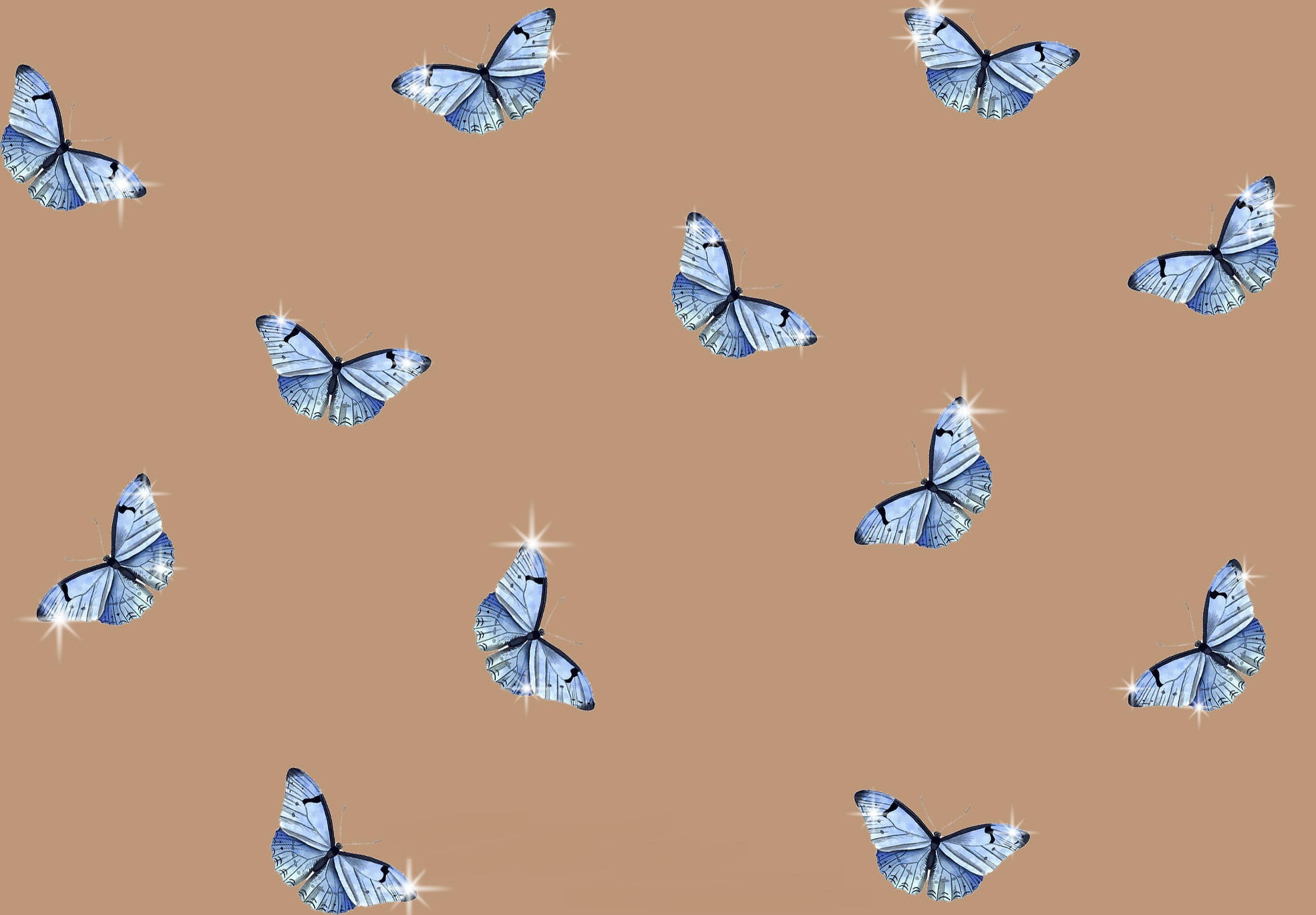 blue butterflies, sparkling wings, warm brown background, Full HD Desktop Wallpaper