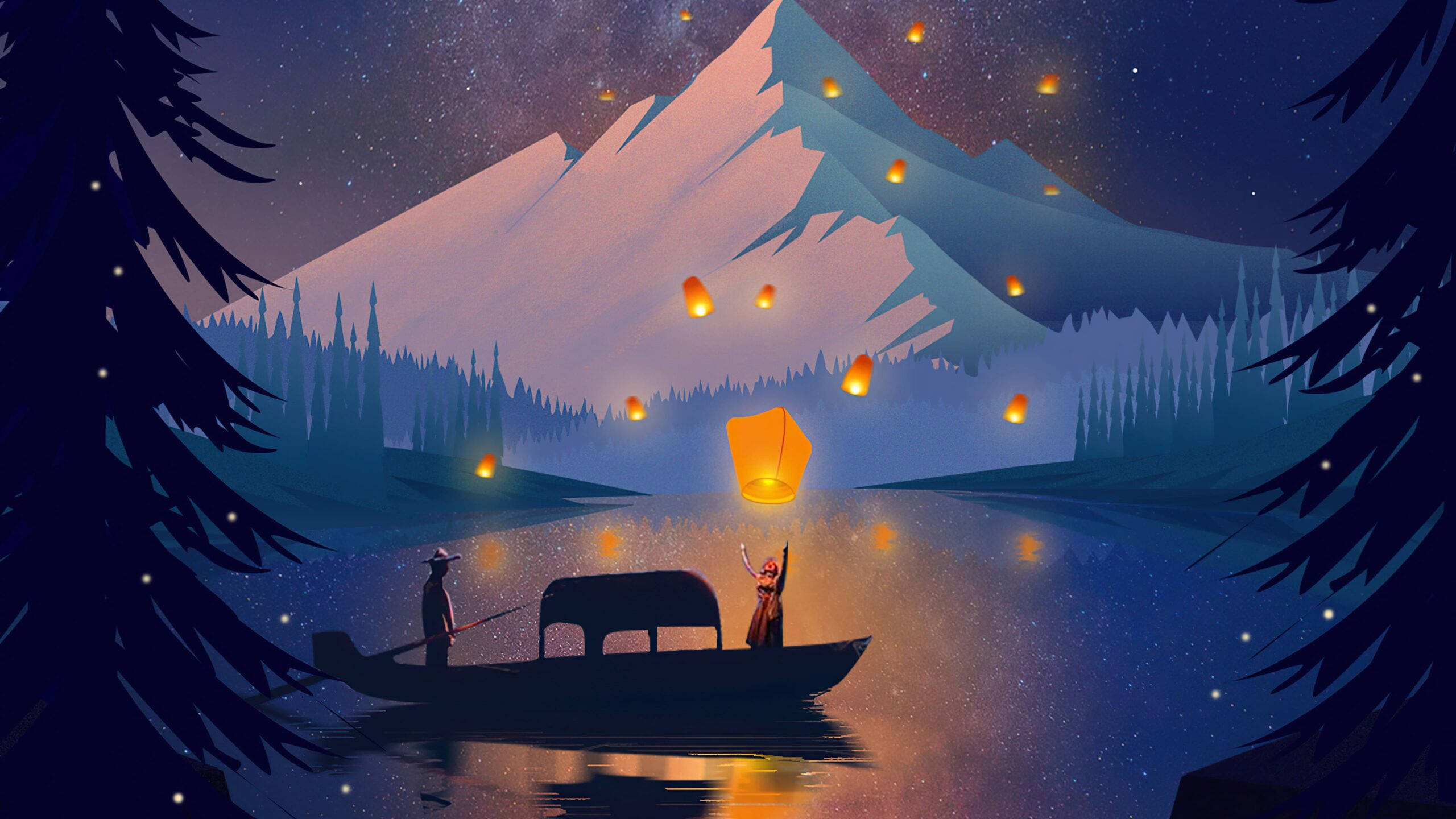 Aesthetic Night Laptop, glowing lanterns, starry lake, 2K Desktop Wallpaper