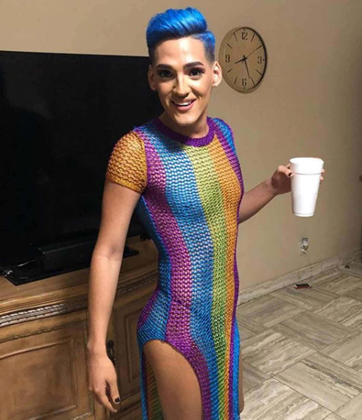 Gay Latino Rainbow Dress, rainbow-colored knit dress, bright blue hair, HD Phone Wallpaper