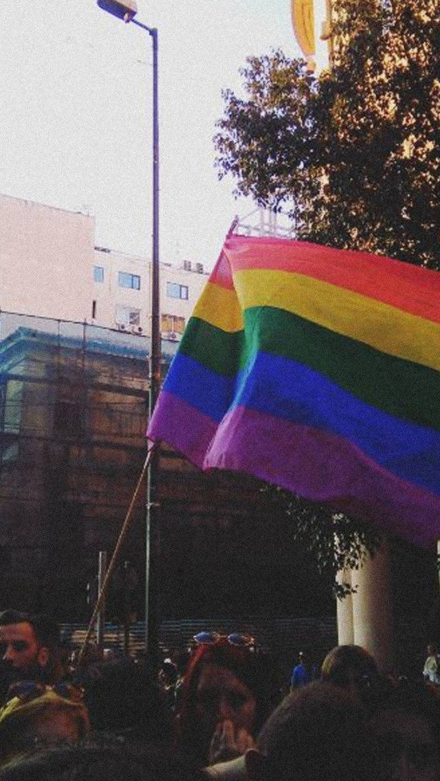 rainbow flag, urban crowd, daytime Pride event, SD Phone Wallpaper