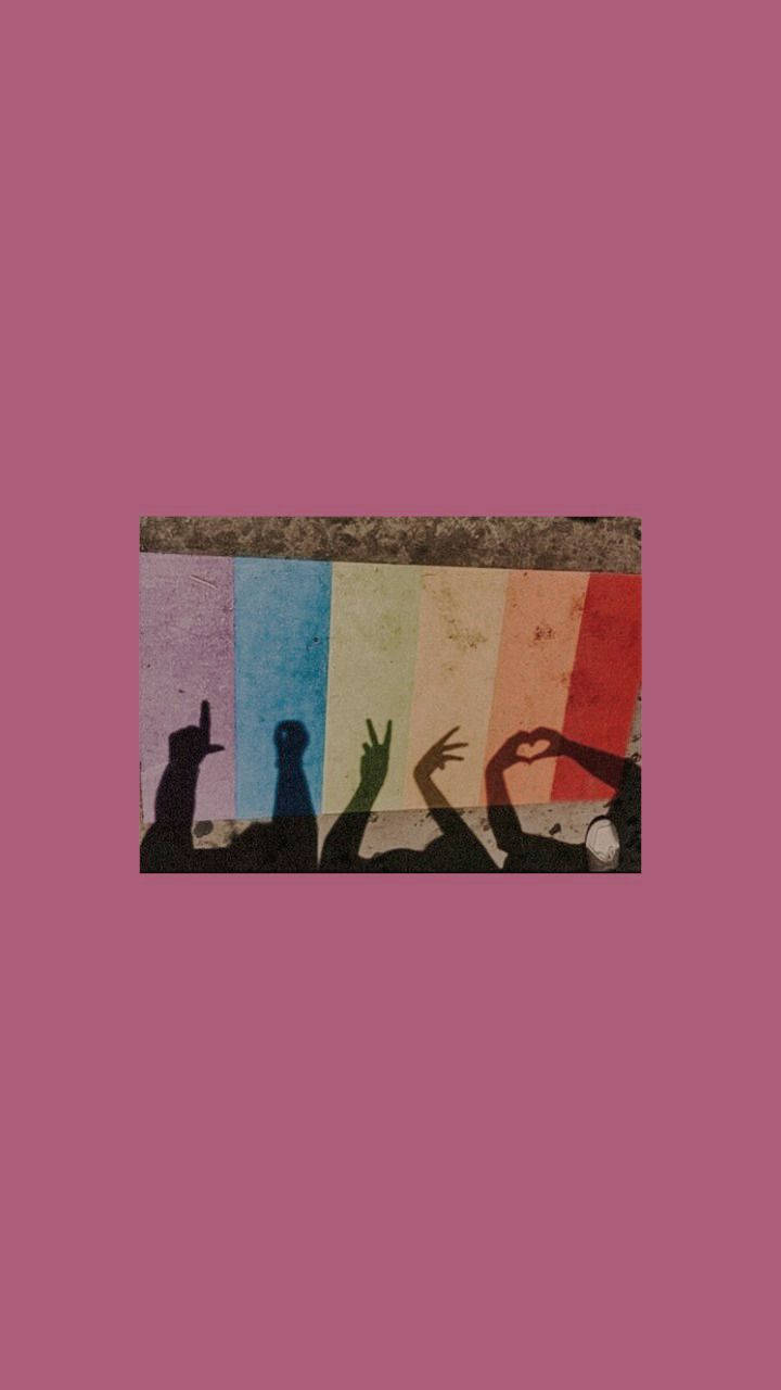 rainbow wall, pink sky, silhouetted hands, HD Phone Wallpaper