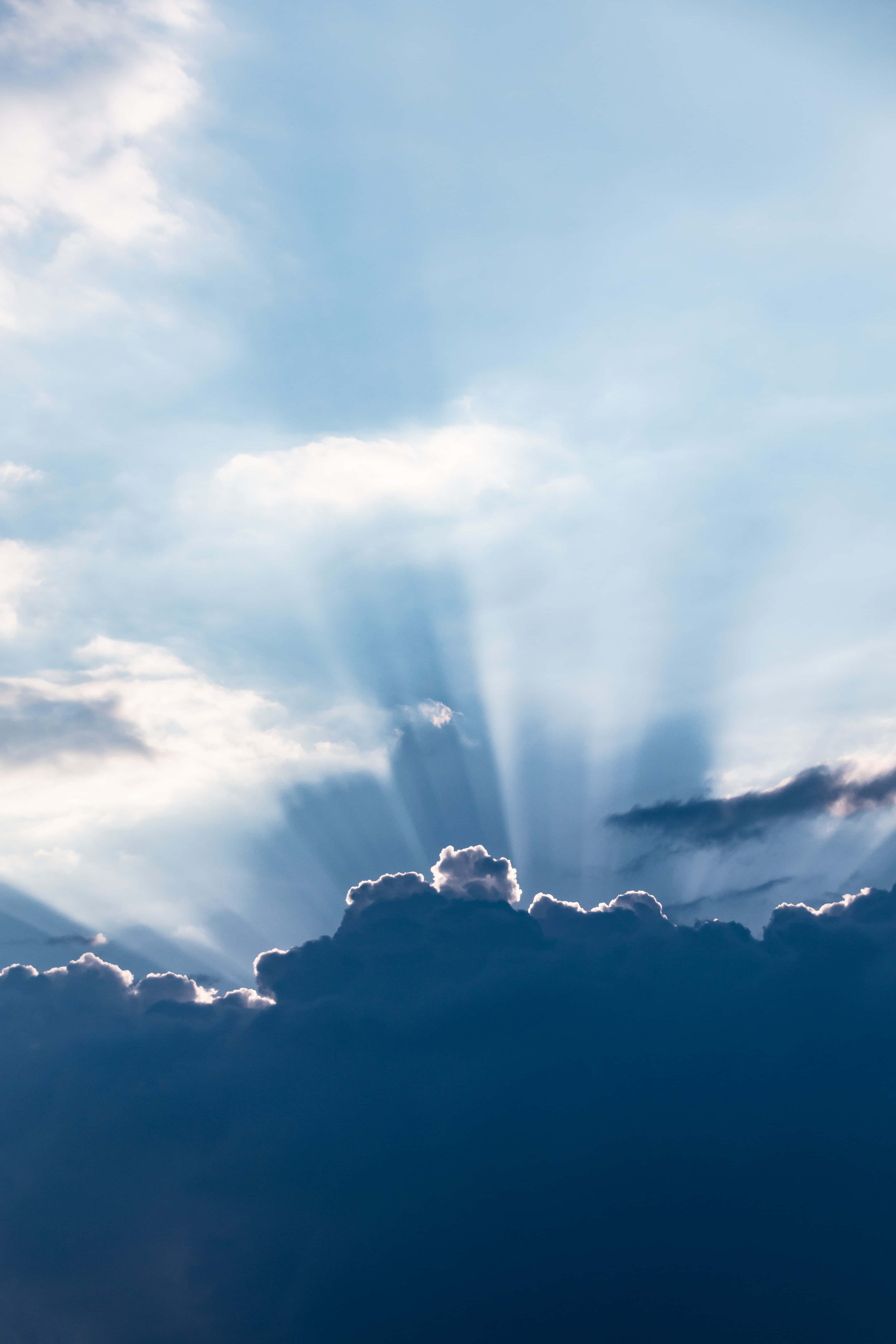 sun rays, dark clouds, serene blue sky, 5K Phone Wallpaper