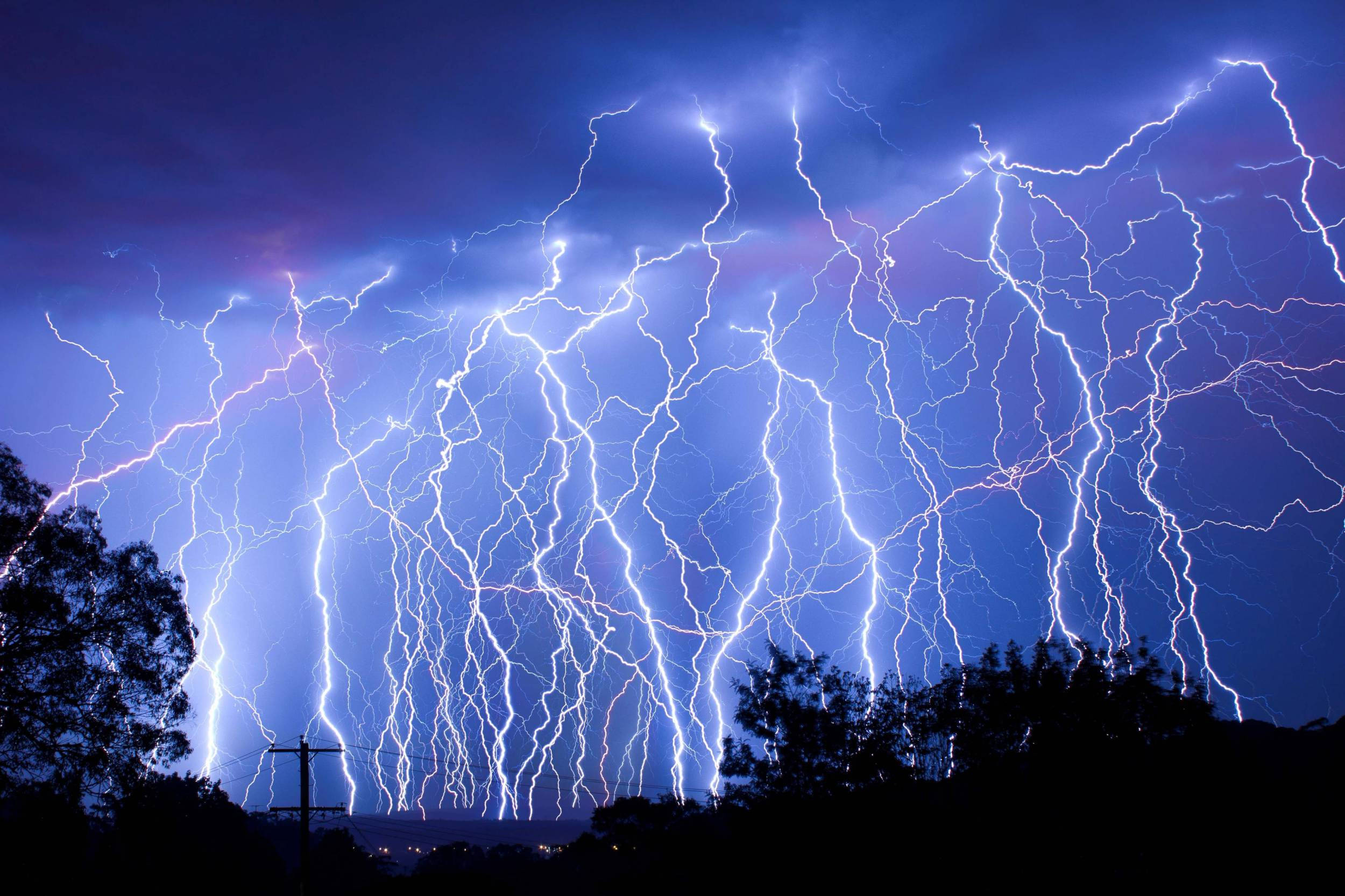 lightning strike, night sky, white and purple lightning bolts, Full HD Desktop Wallpaper