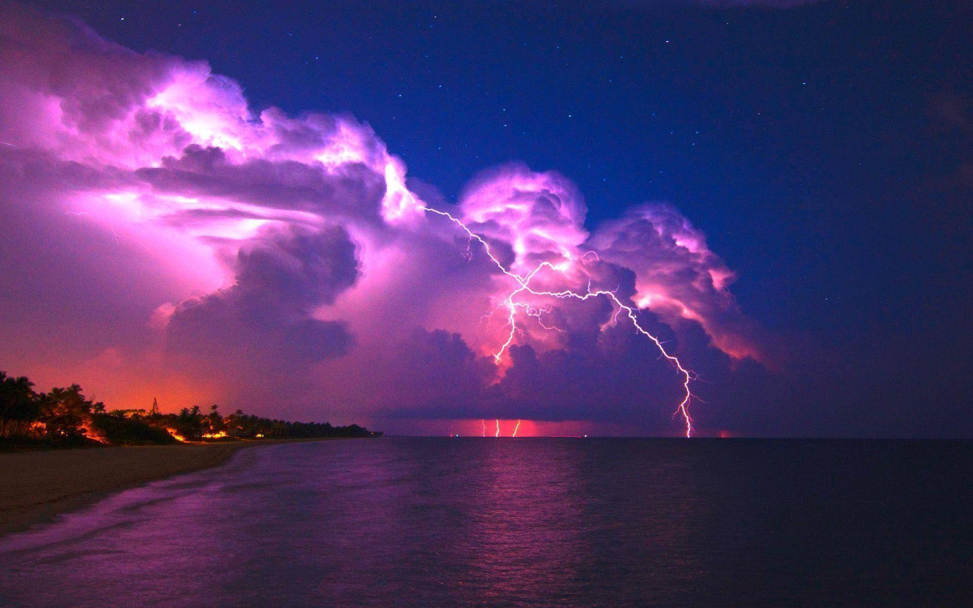 Aesthetic Lightning, purple lightning storm, dark ocean, Full HD Desktop Wallpaper