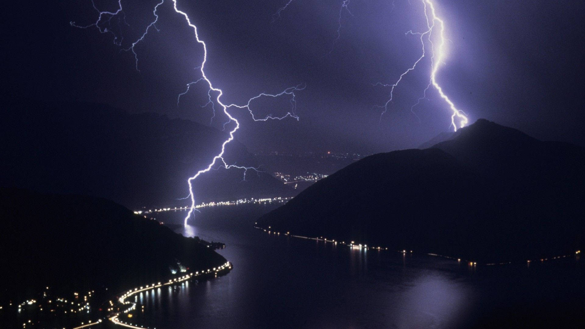Aesthetic Lightning, massive lightning bolts, dark mountain lake, Full HD Desktop Wallpaper