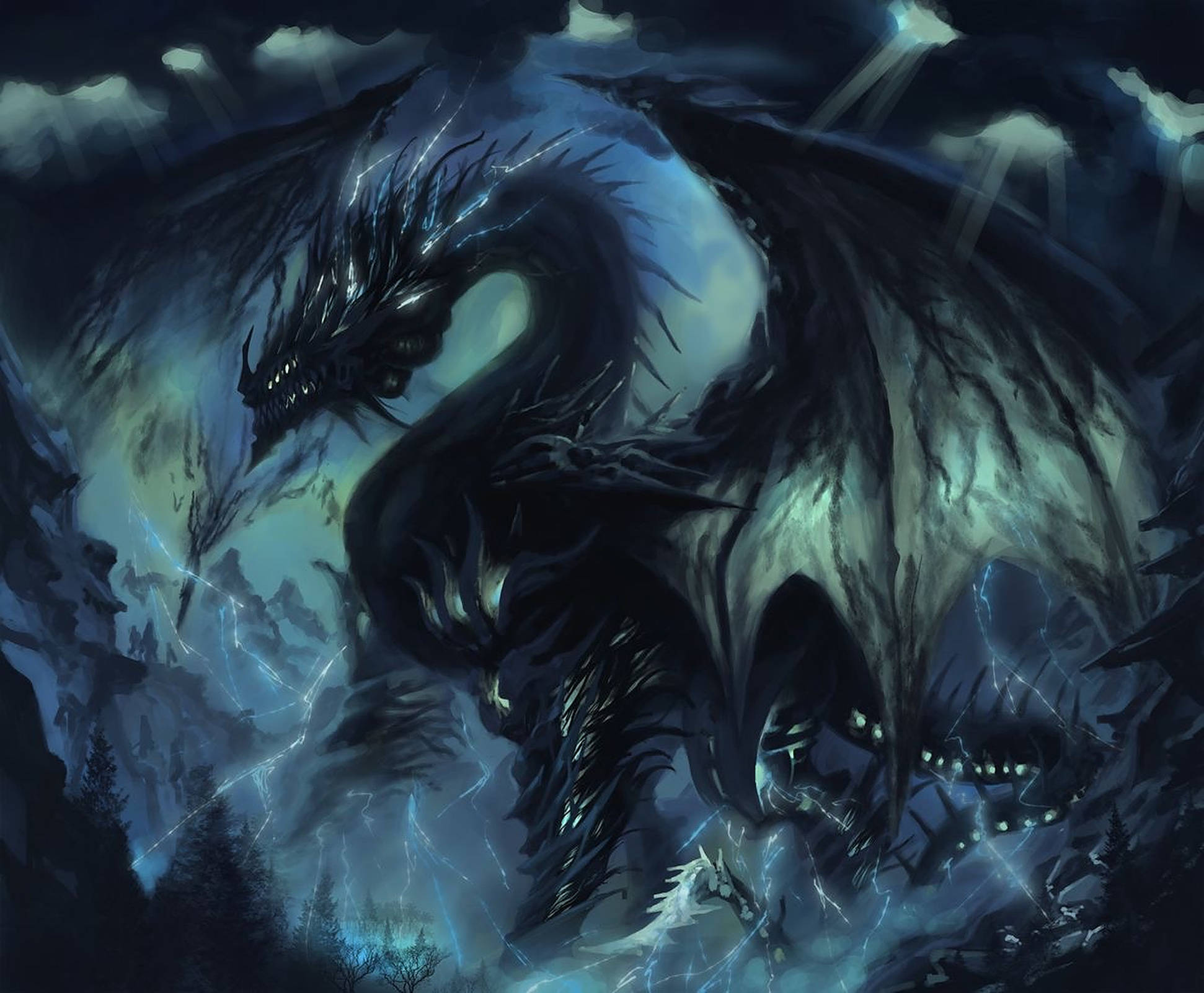 menacing lightning dragon, dark dragon, glowing eyes, Full HD Desktop Wallpaper