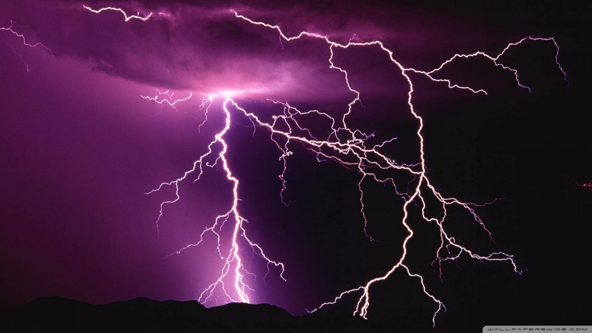 purple lightning, night sky, jagged mountain silhouettes, Full HD Desktop Wallpaper