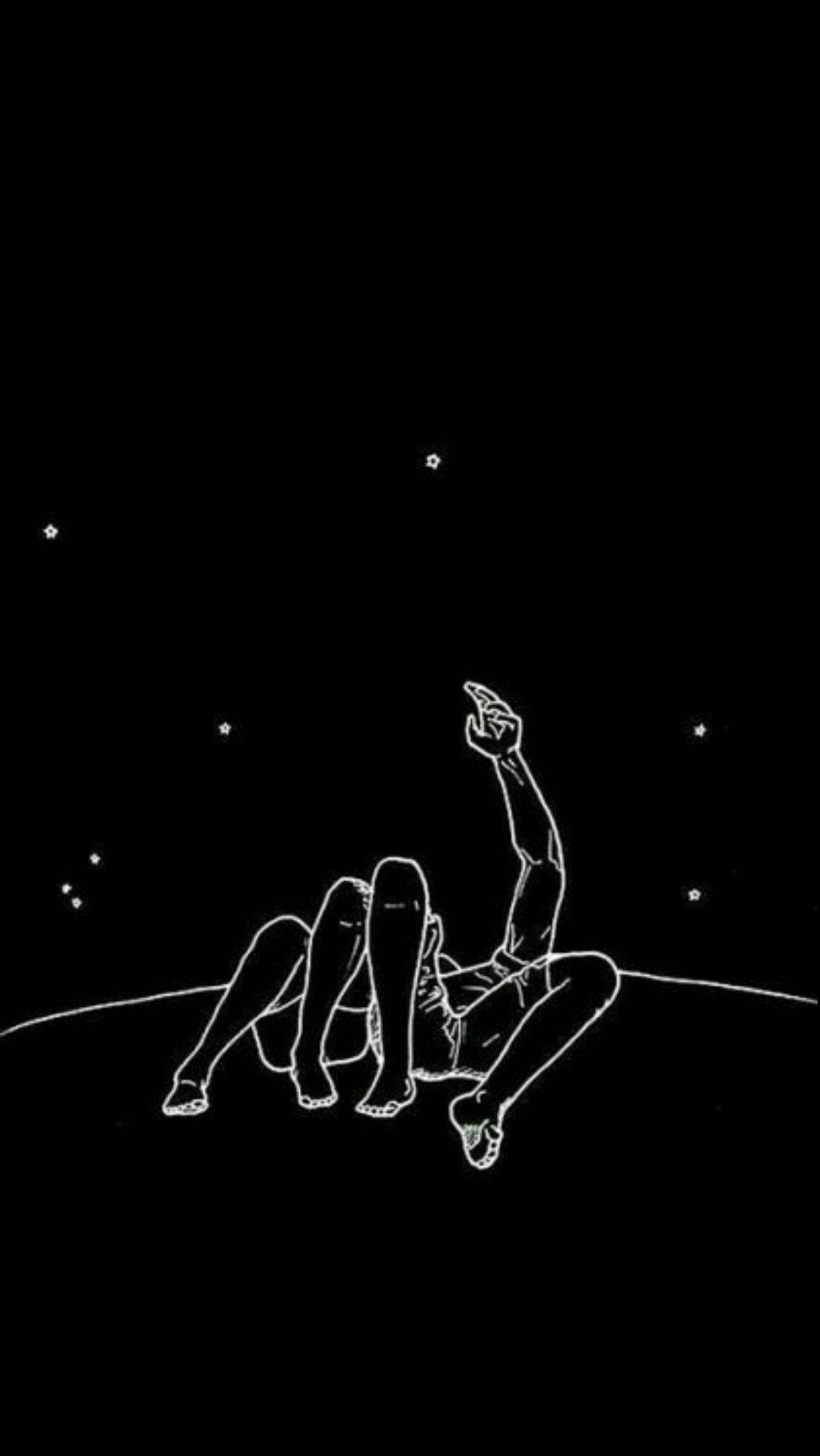 Aesthetic Couple Night Sky Digital Art, white line drawing, curved horizon, Full HD Phone Wallpaper