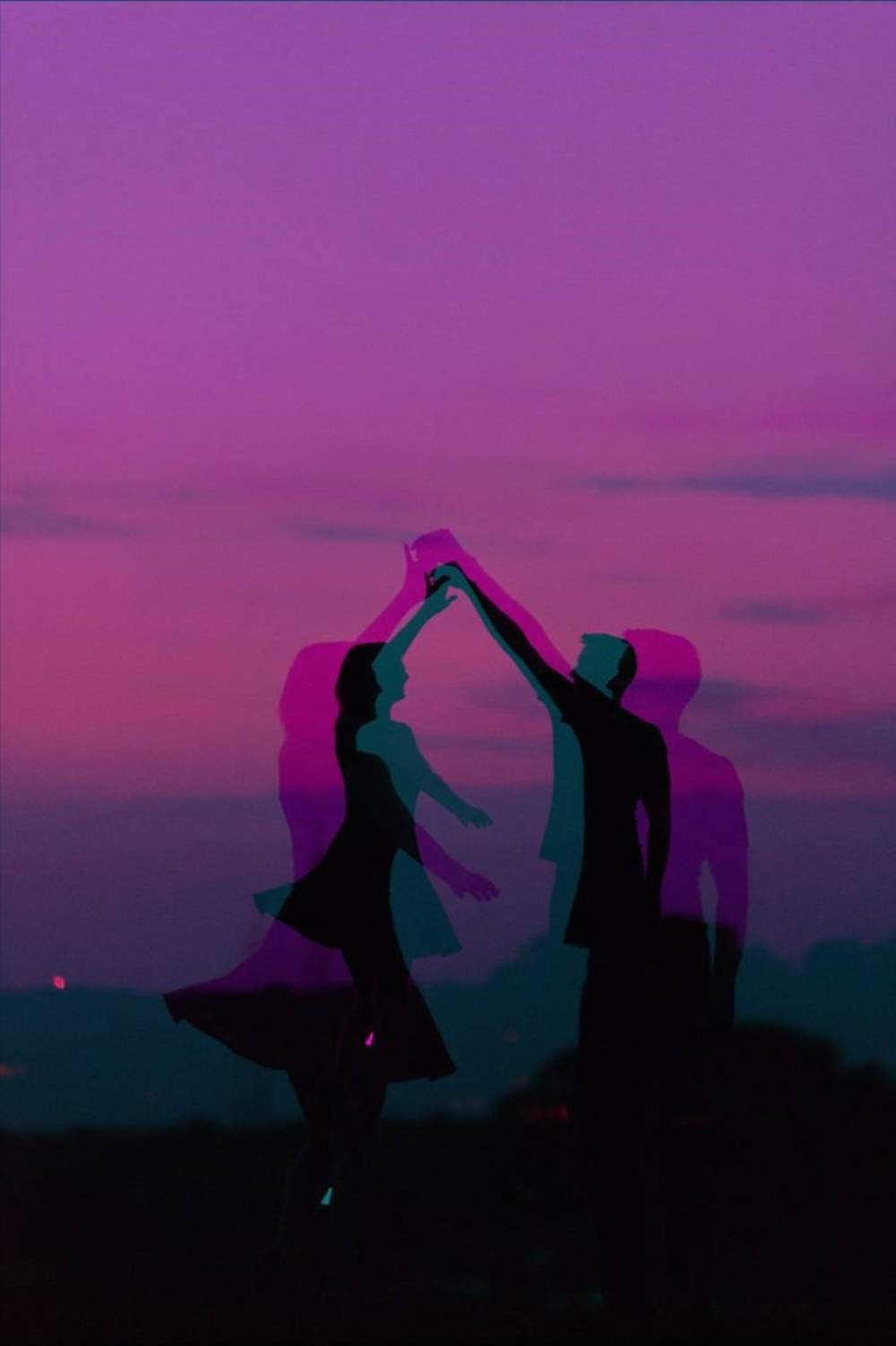 purple sky, pink twilight sky, silhouetted couple, HD Phone Wallpaper