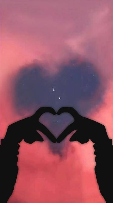 heart-shaped clouds, pink and purple twilight sky, crescent moons, SD Phone Wallpaper