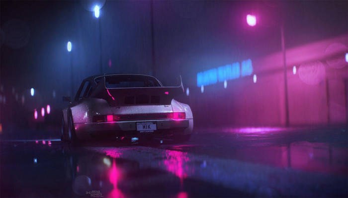 sleek silver sports car, neon-drenched rain-soaked city street, night, SD Desktop Wallpaper