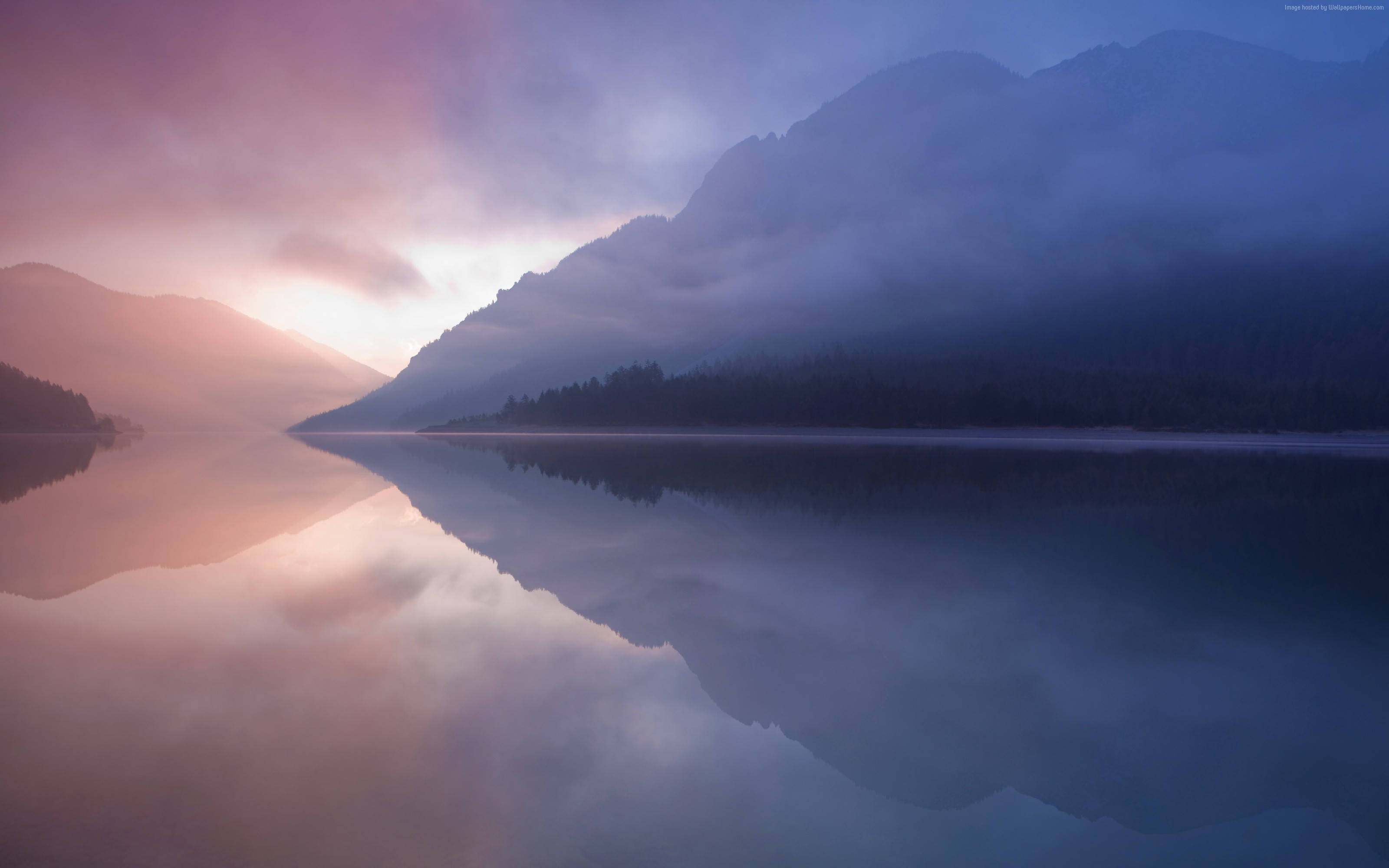 macOS, River Reflection, dawn, 2K Desktop Wallpaper