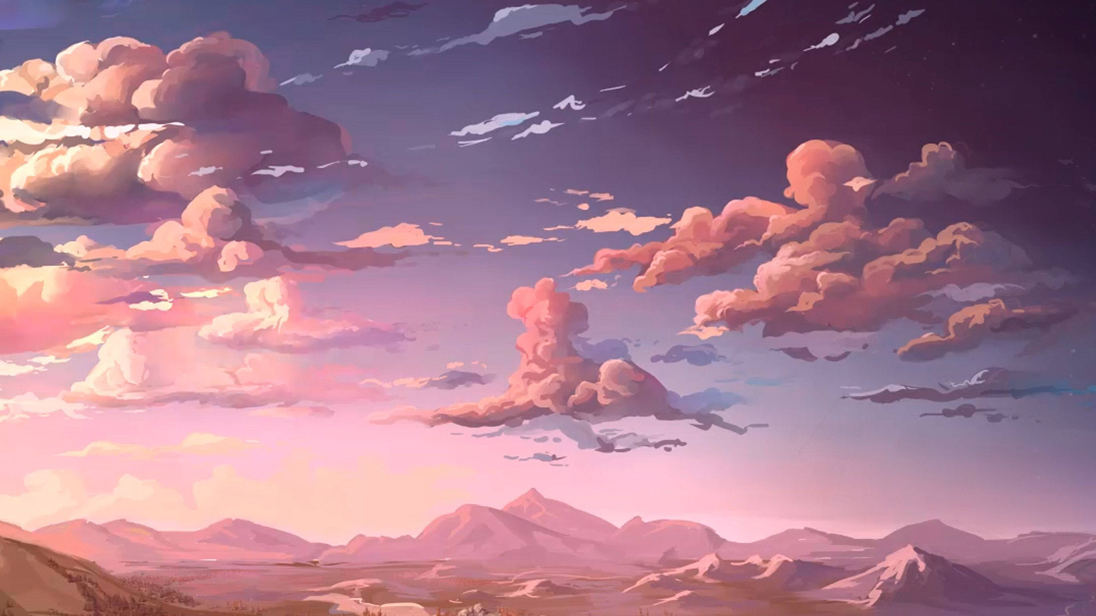 anime clouds and mountains aesthetic mac, mountain range, soft pink and purple twilight hues, 4K Desktop Wallpaper
