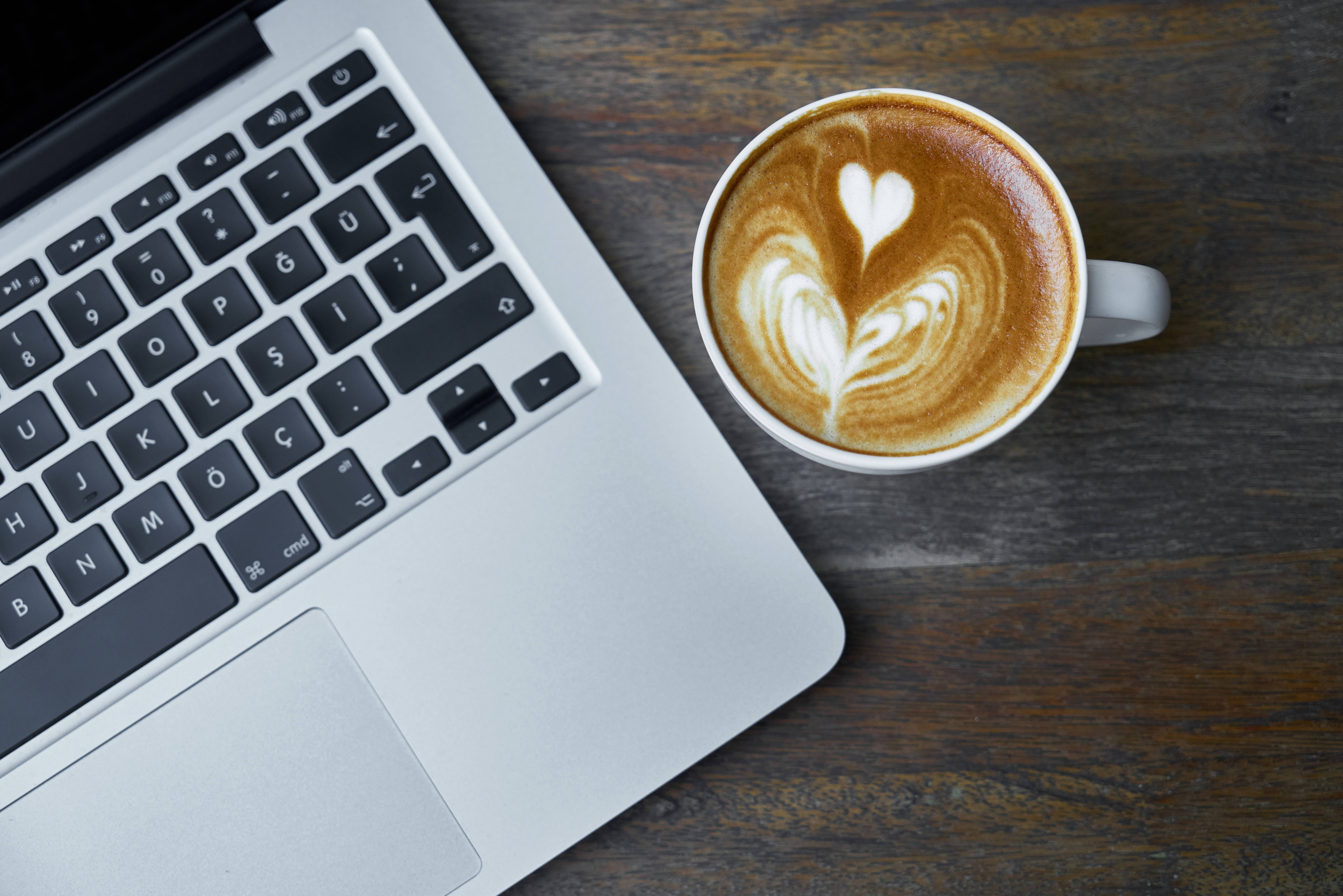 silver laptop, latte art coffee, heart design, 5K Desktop Wallpaper