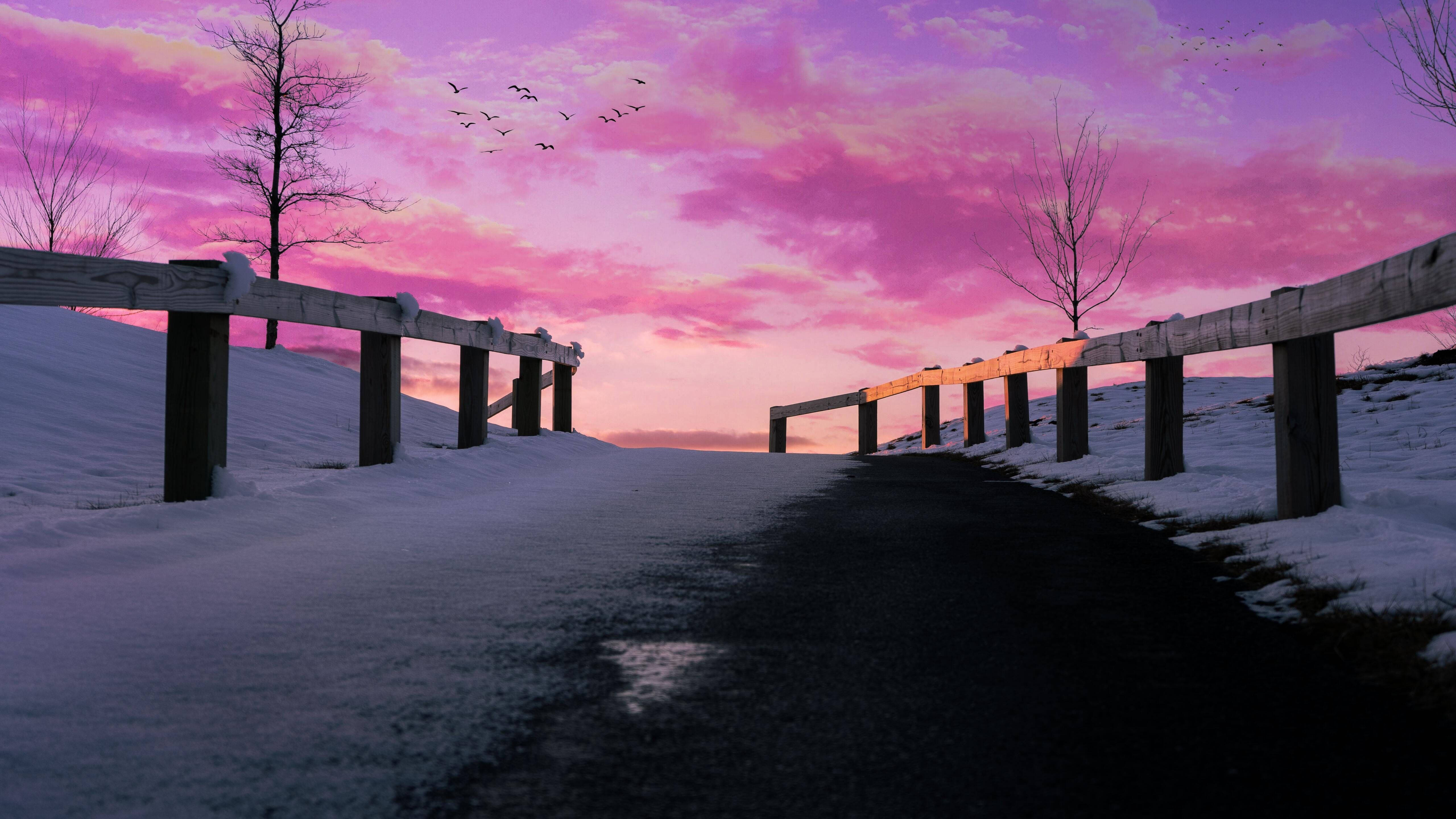 icy pavement, pink sky, vibrant pink and purple sunset sky, 5K Desktop Wallpaper