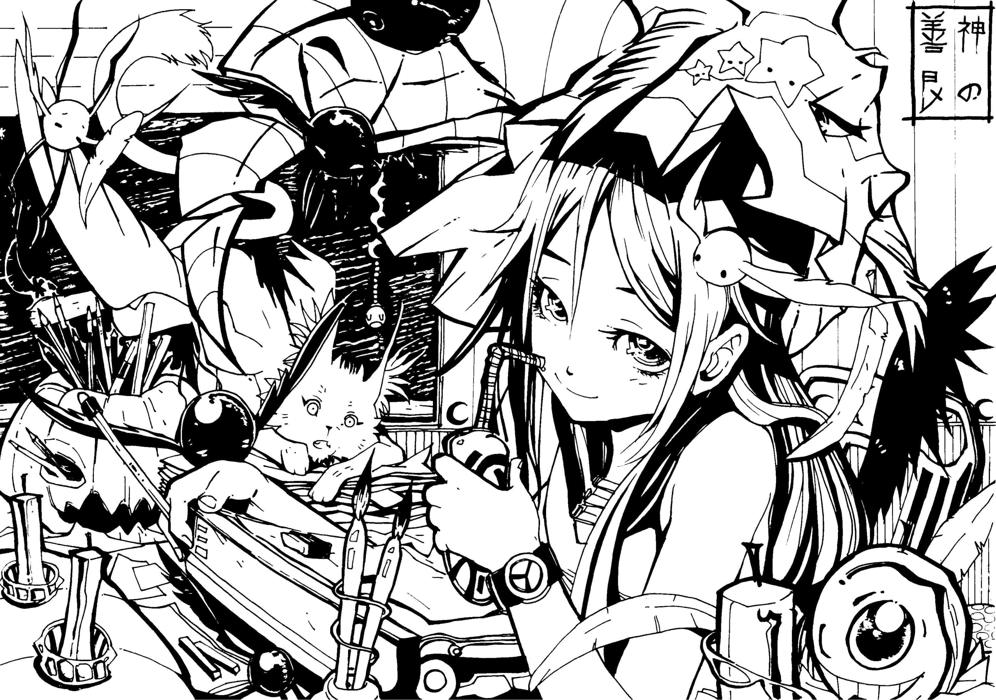 Aesthetic Manga, black and white anime girl, star-adorned hair, 2K Desktop Wallpaper