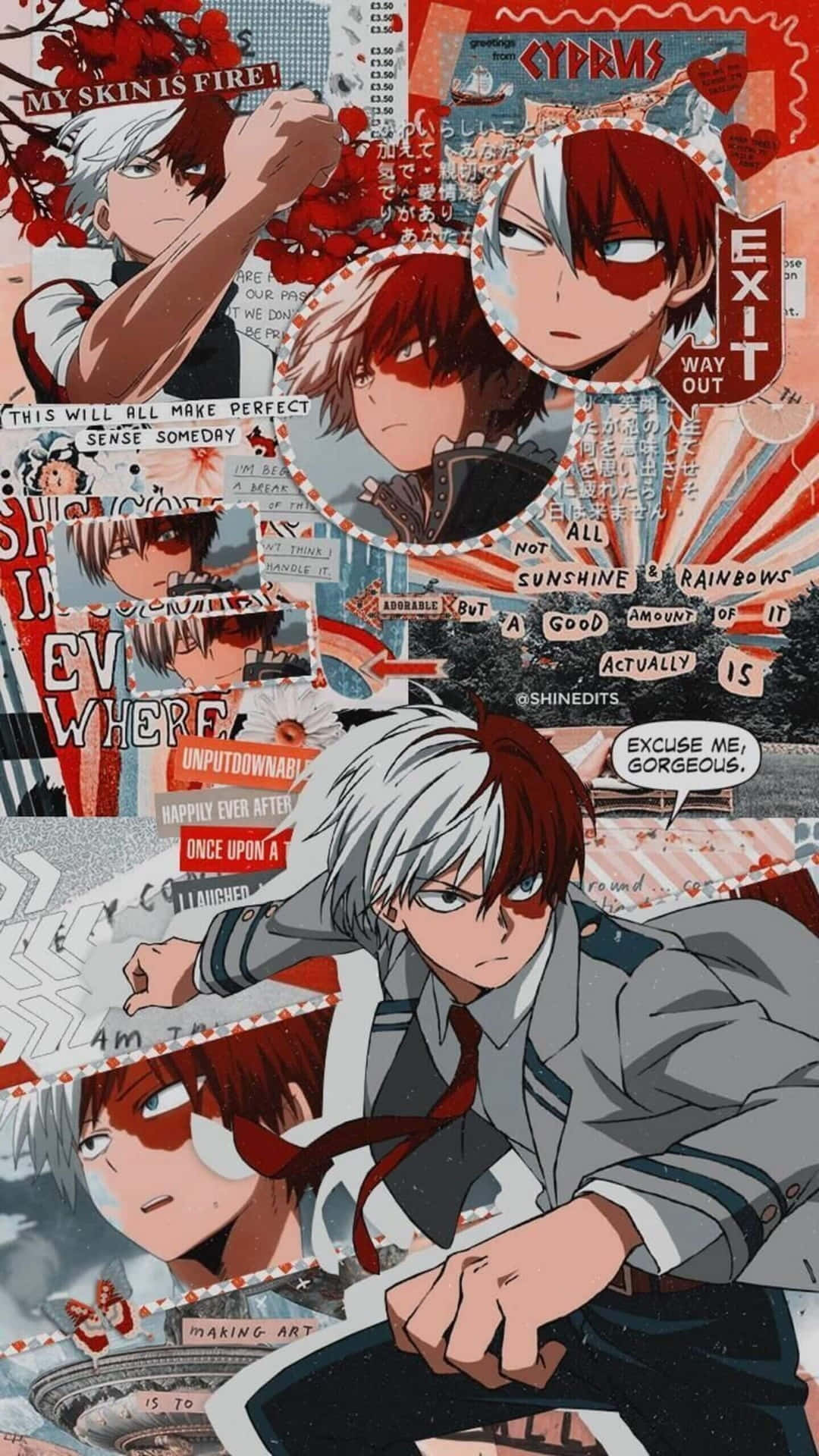 vibrant anime collage, multiple characters, red and white hair, Full HD Phone Wallpaper