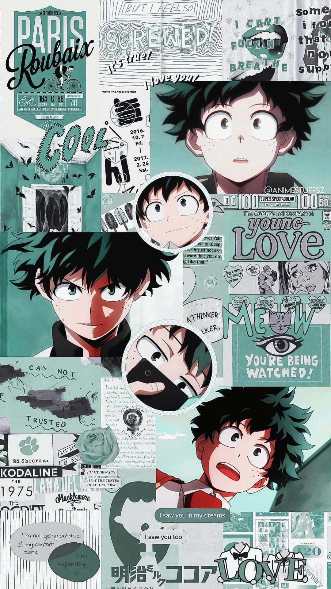 teal-toned, anime collage, spiky-haired character, Full HD Phone Wallpaper
