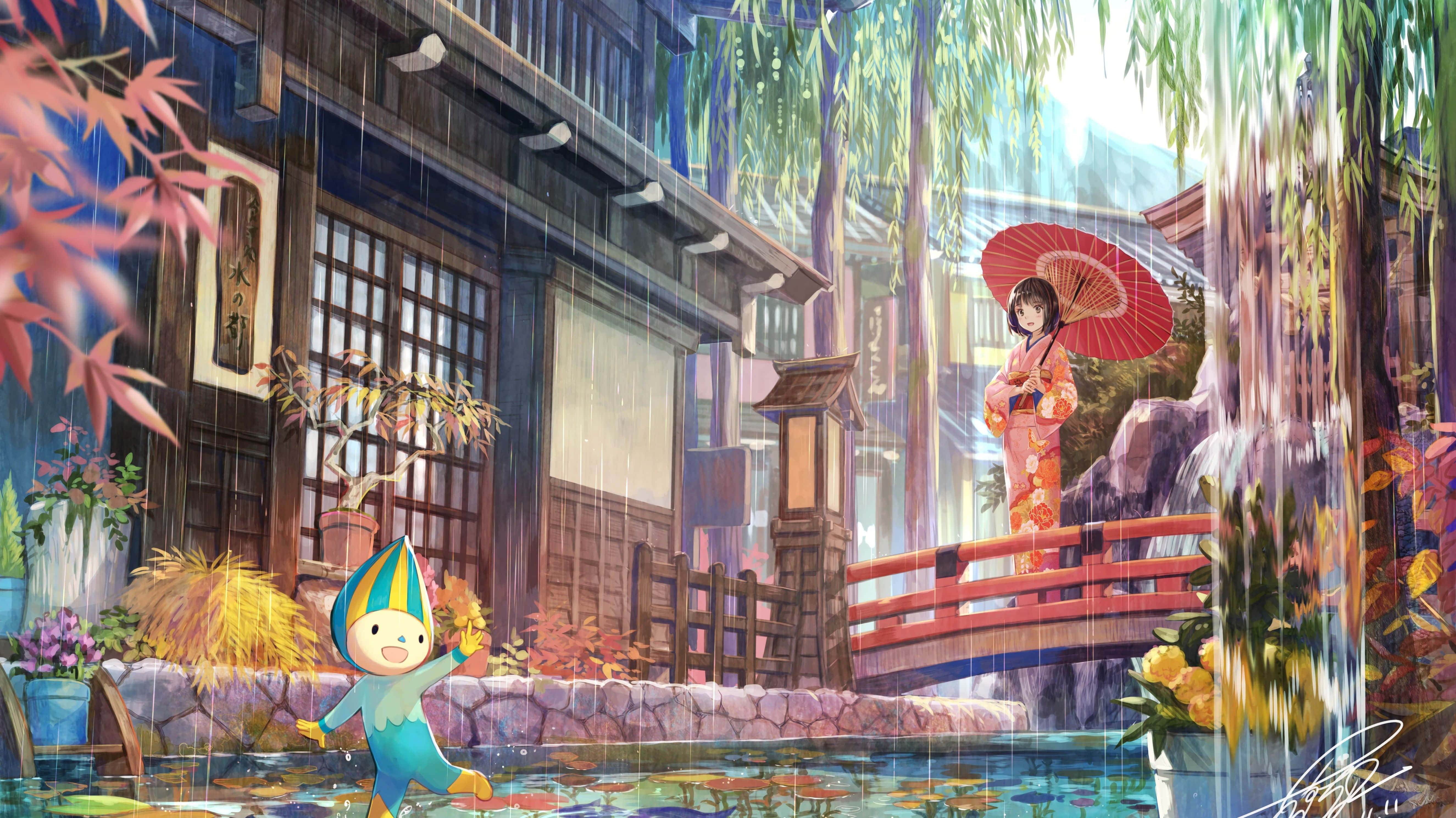anime child, blue raincoat, pond, 5K Desktop Wallpaper