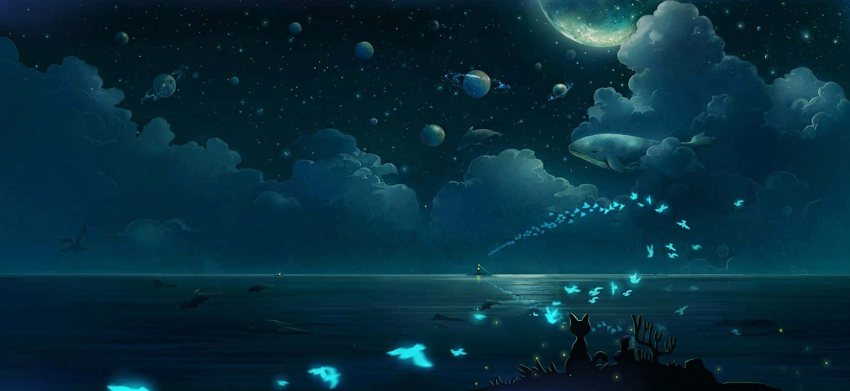 manga universe, starry night skies, glowing ocean waters, HD Desktop Wallpaper
