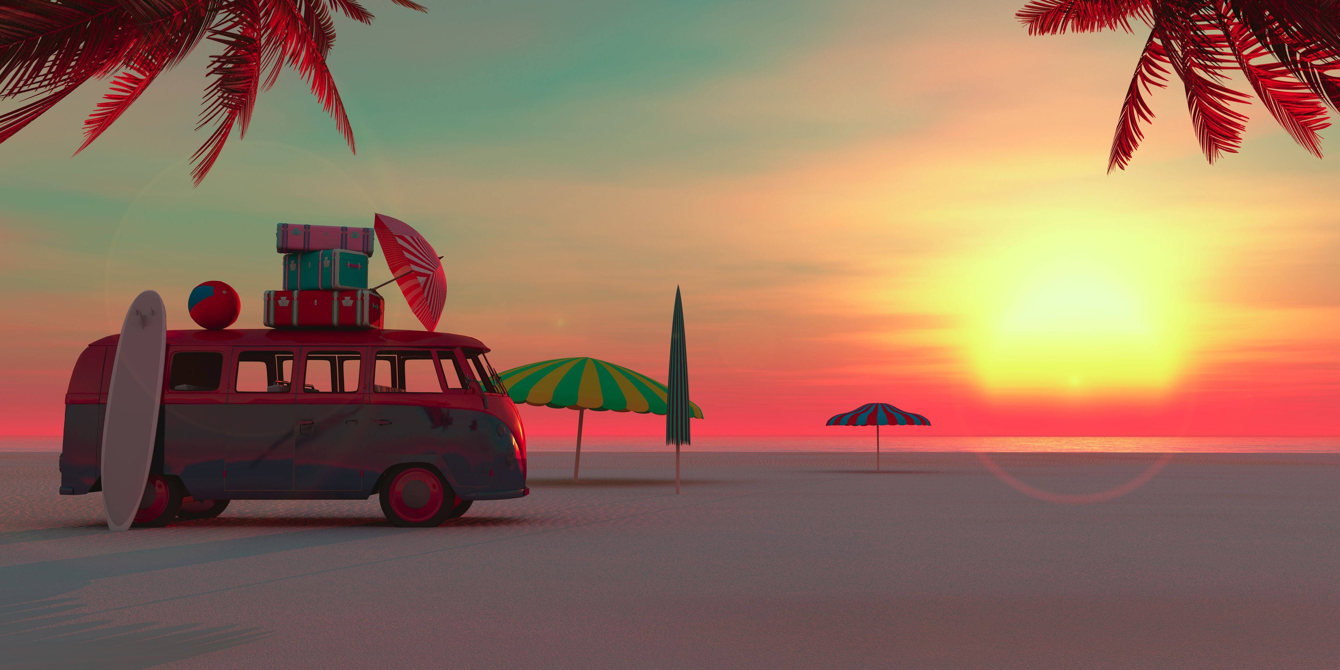 vintage van, surf gear, tranquil beach, 4K Desktop Wallpaper