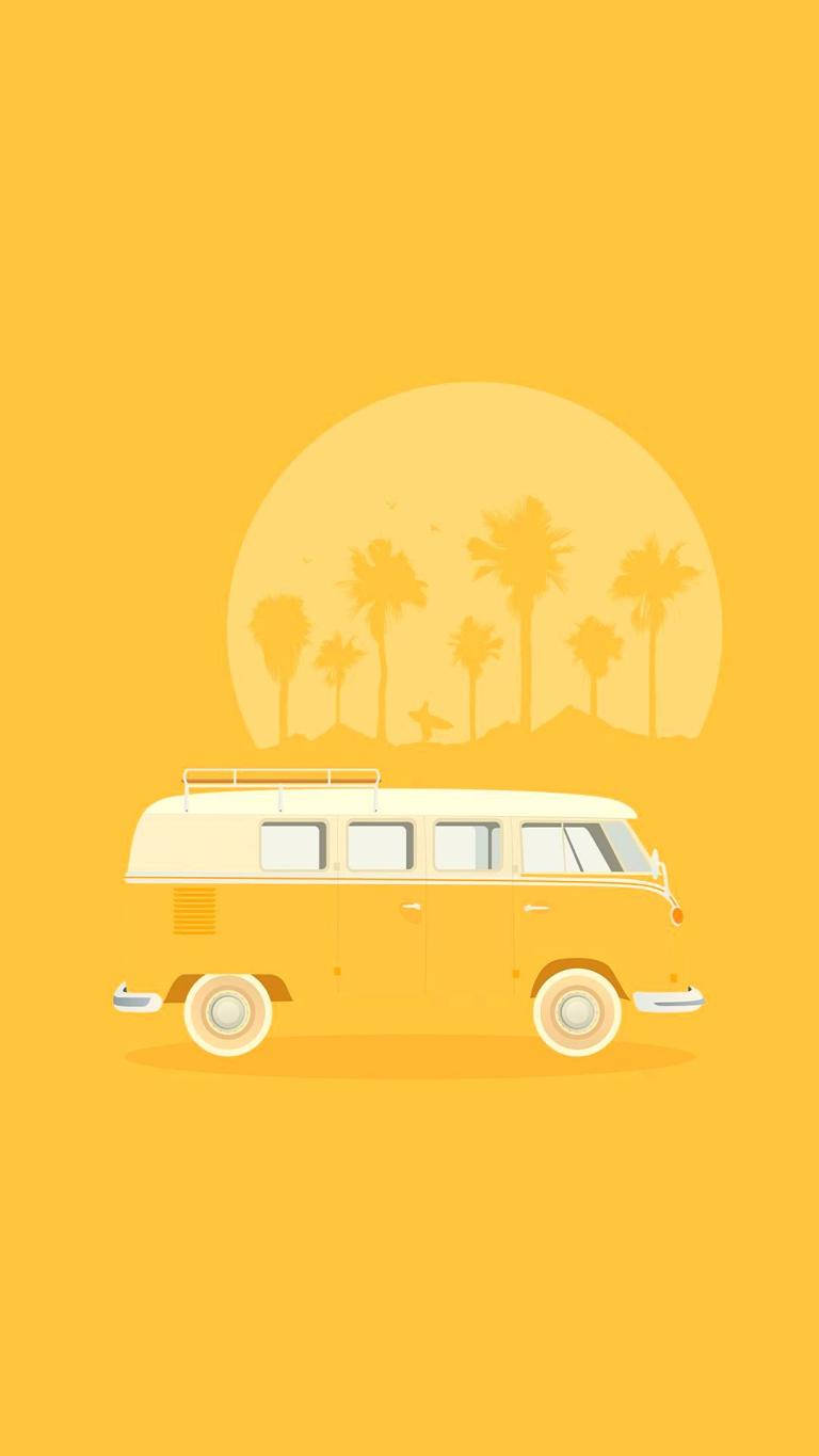 vintage yellow van, palm trees, giant sun, HD Phone Wallpaper