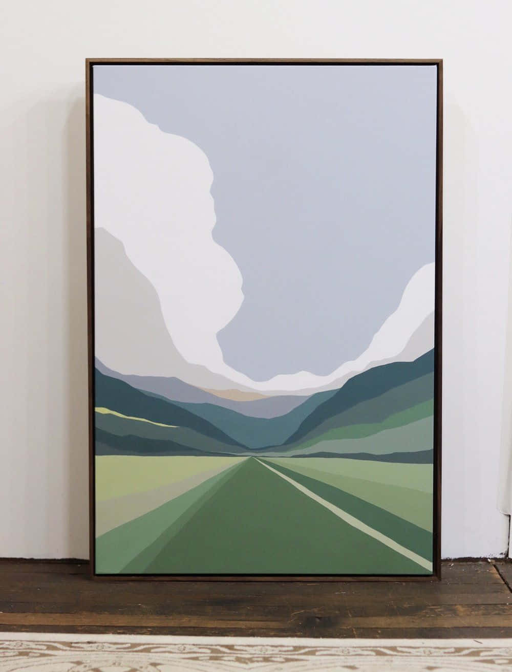 modern minimalist art, framed minimalist illustration, road stretching toward layered green hills, HD Phone Wallpaper