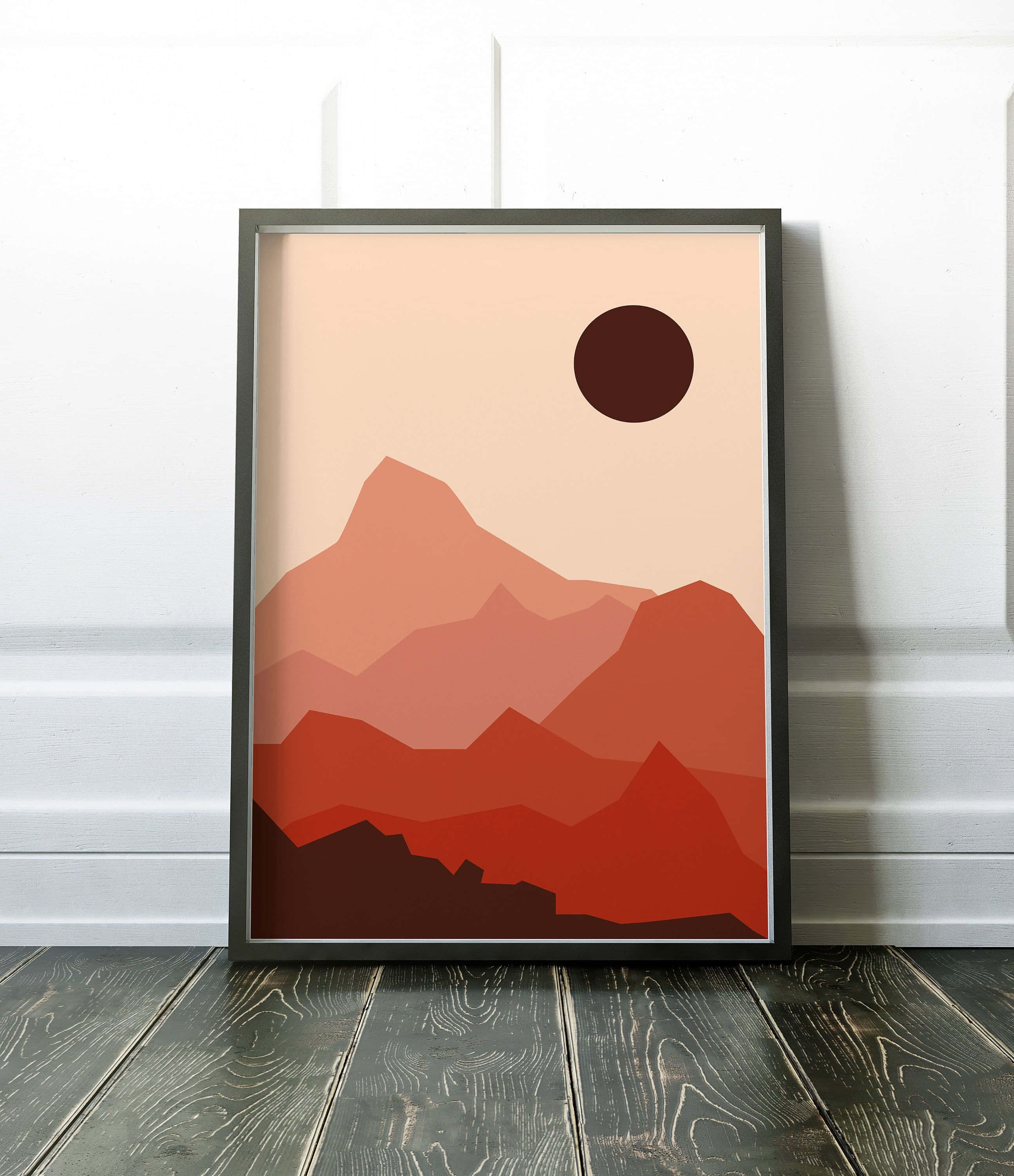 modern minimalist art, framed minimalist mountain art print, layered terracotta peaks, 2K Phone Wallpaper