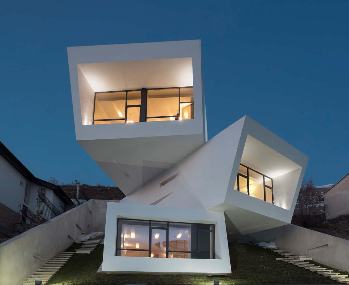 minimalist architecture, modern white geometric house, glowing windows, SD Desktop Wallpaper