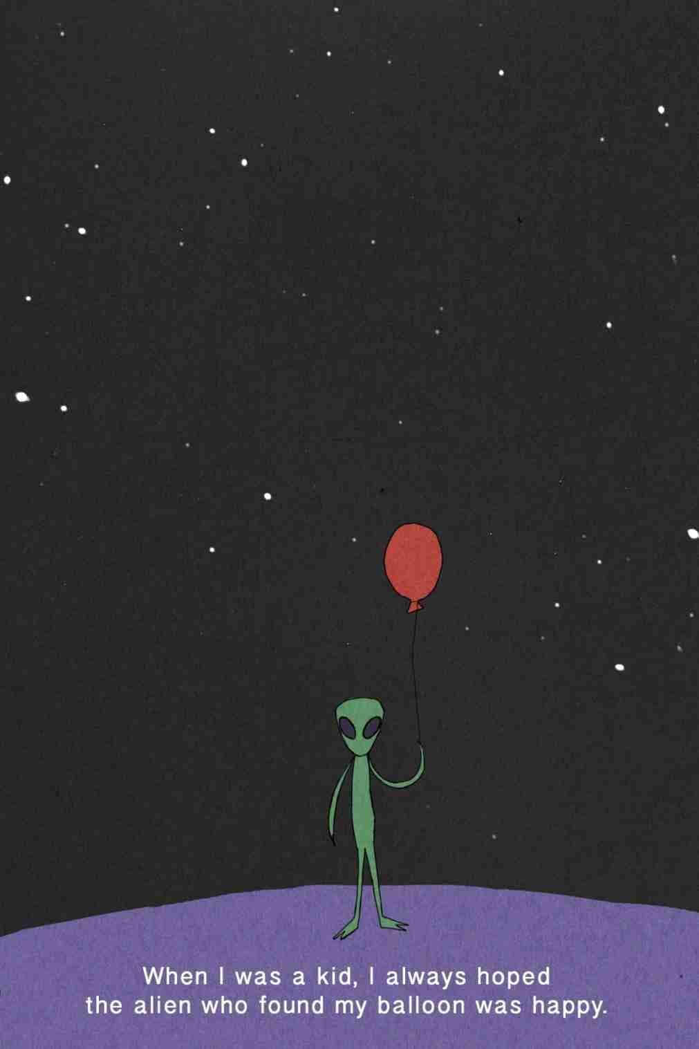 green alien, purple planet, red balloon, HD Phone Wallpaper