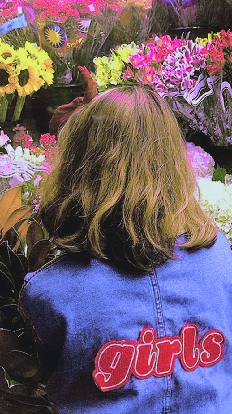 blue denim jacket, red 'girls' embroidery, vibrant floral display, HD Phone Wallpaper