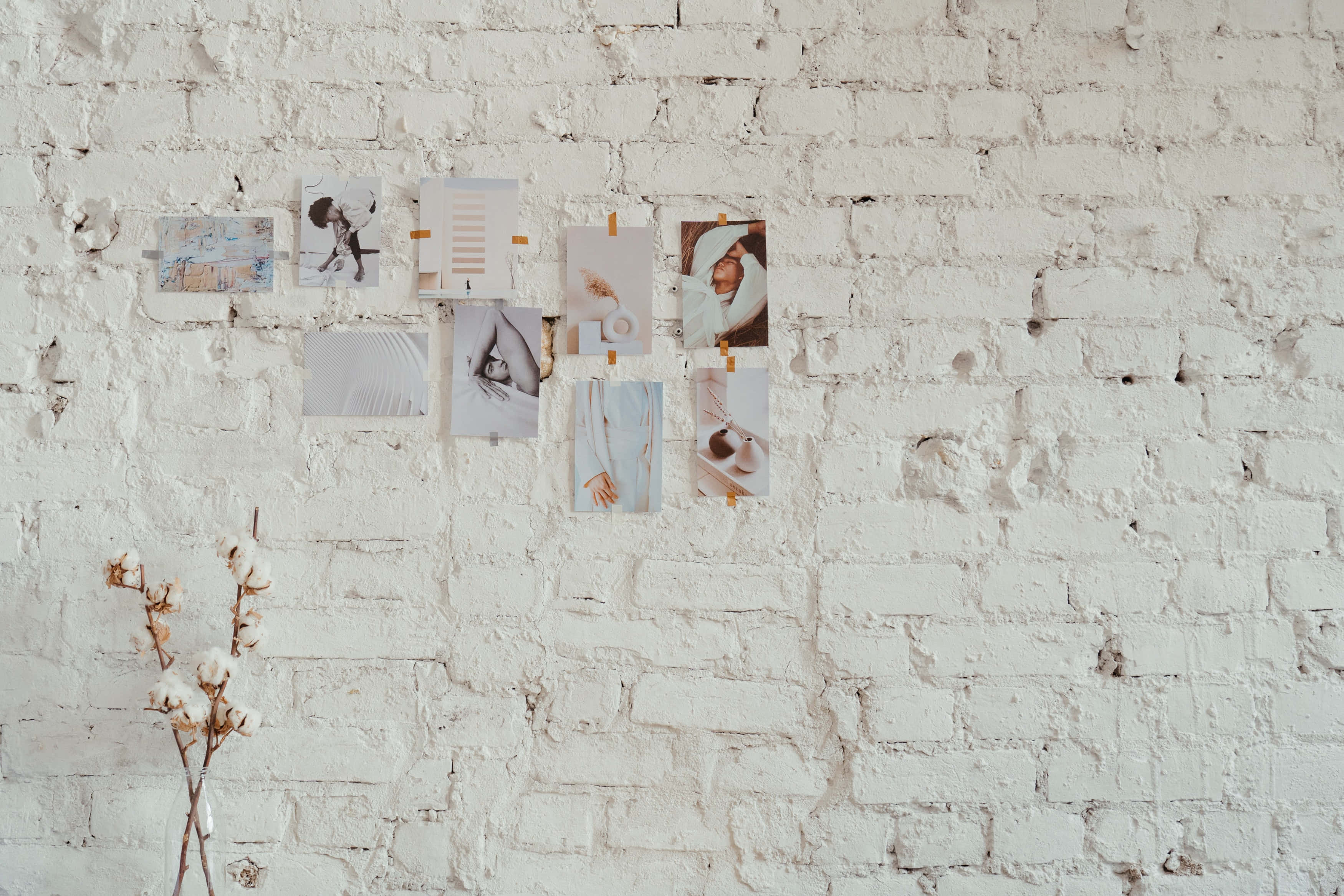 white brick wall, assorted photos, wooden clothespins, 2K Desktop Wallpaper