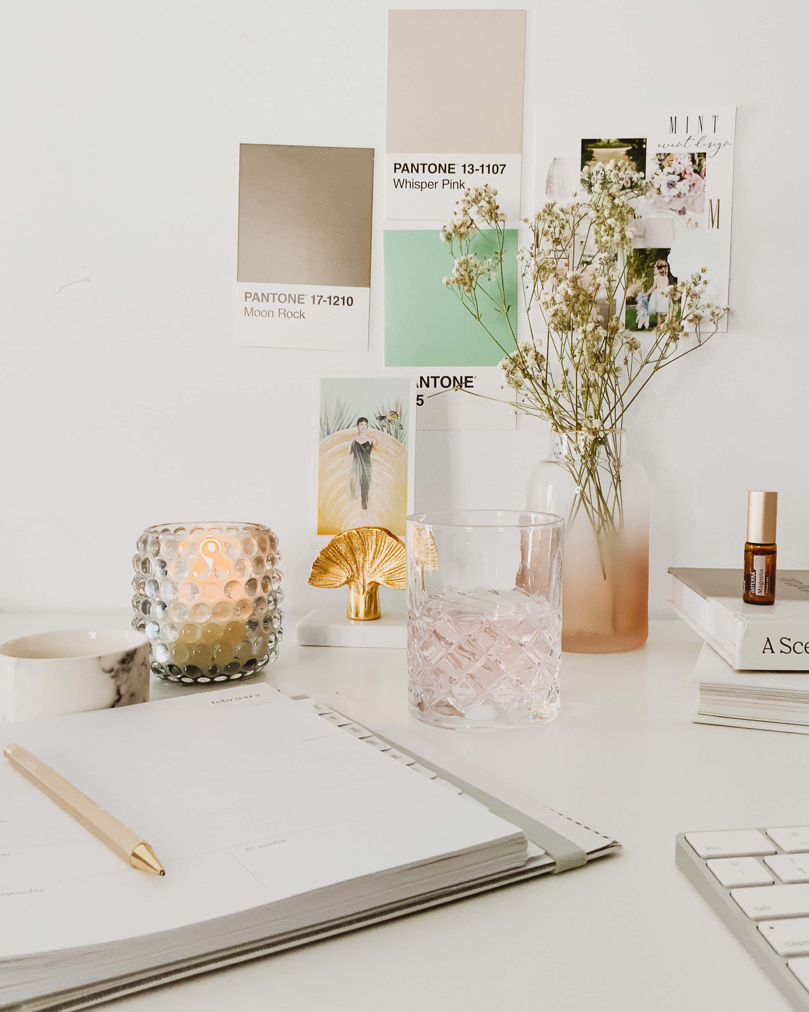 minimalist white desk setup, Pantone color swatches, dried flowers, 2K Phone Wallpaper