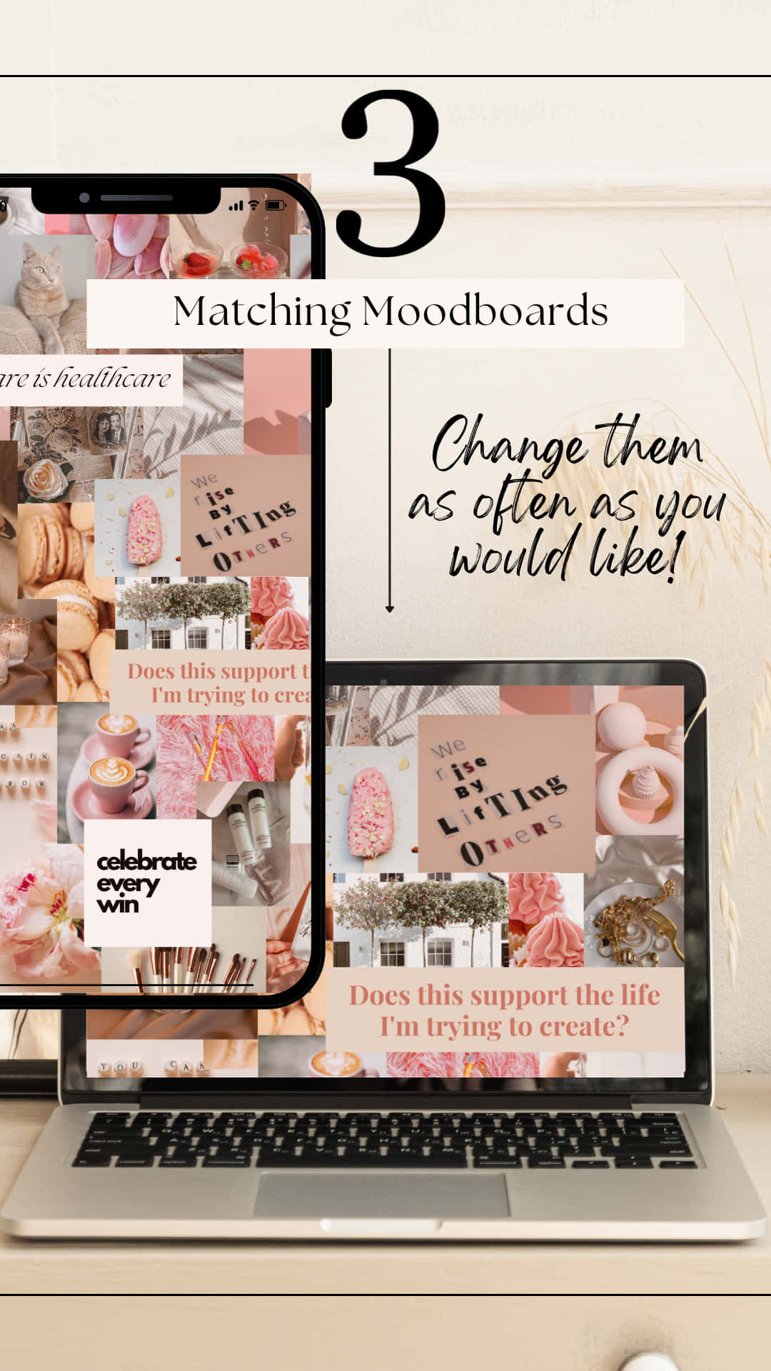 pink-toned moodboard, laptop, wooden desk, Full HD Phone Wallpaper