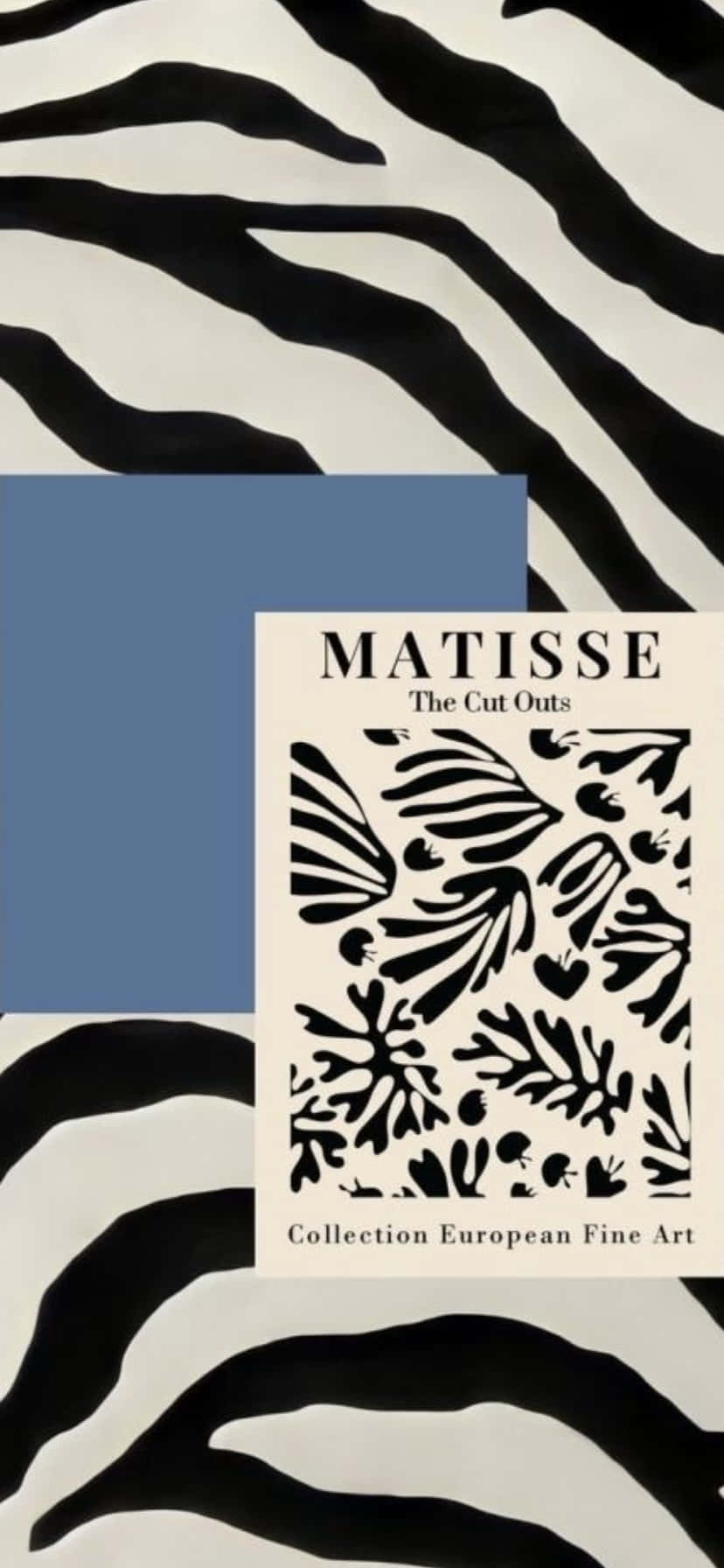 black and white zebra stripes, blue rectangle, Matisse cut-out art poster, HD Phone Wallpaper