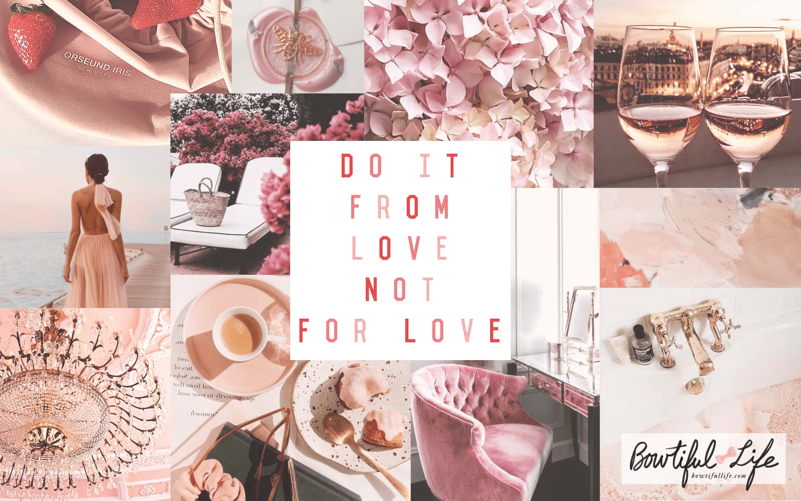 soft pink-toned collage, hydrangeas, wine glasses, 2K Desktop Wallpaper
