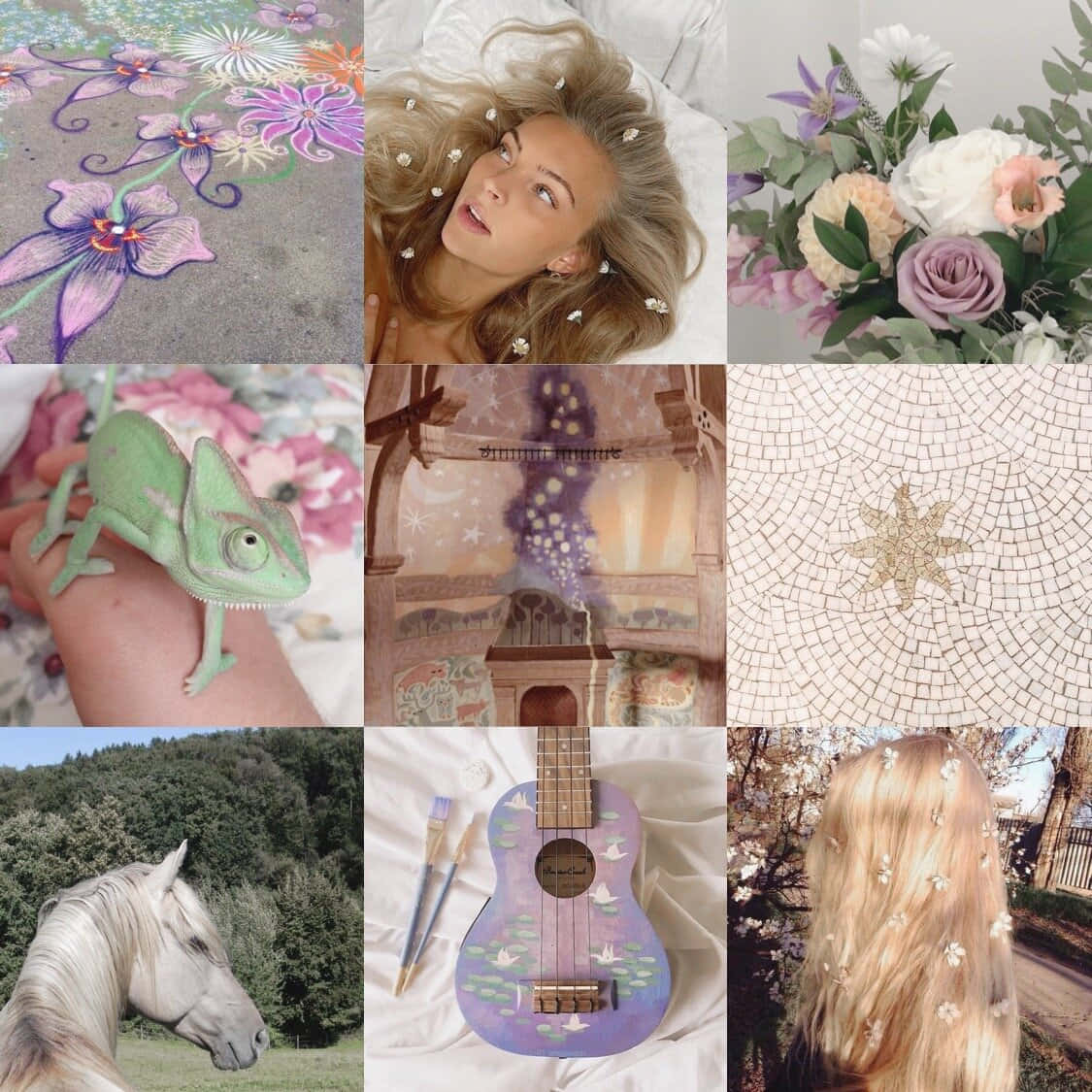 Aesthetic Moodboard, floral sidewalk chalk art, flower petals in hair, SD Desktop Wallpaper