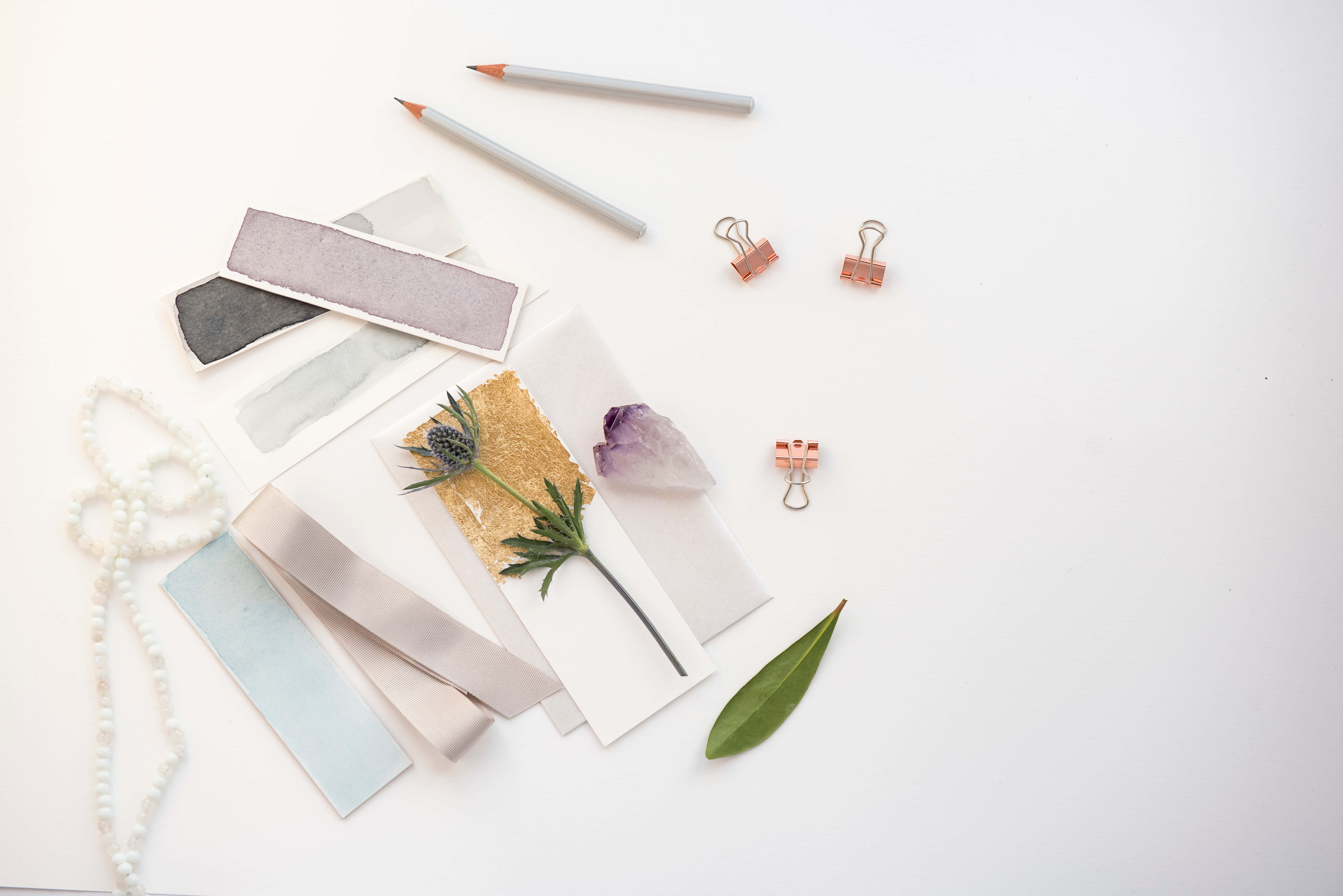 white table, pastel paper swatches, dried flowers, 5K Desktop Wallpaper
