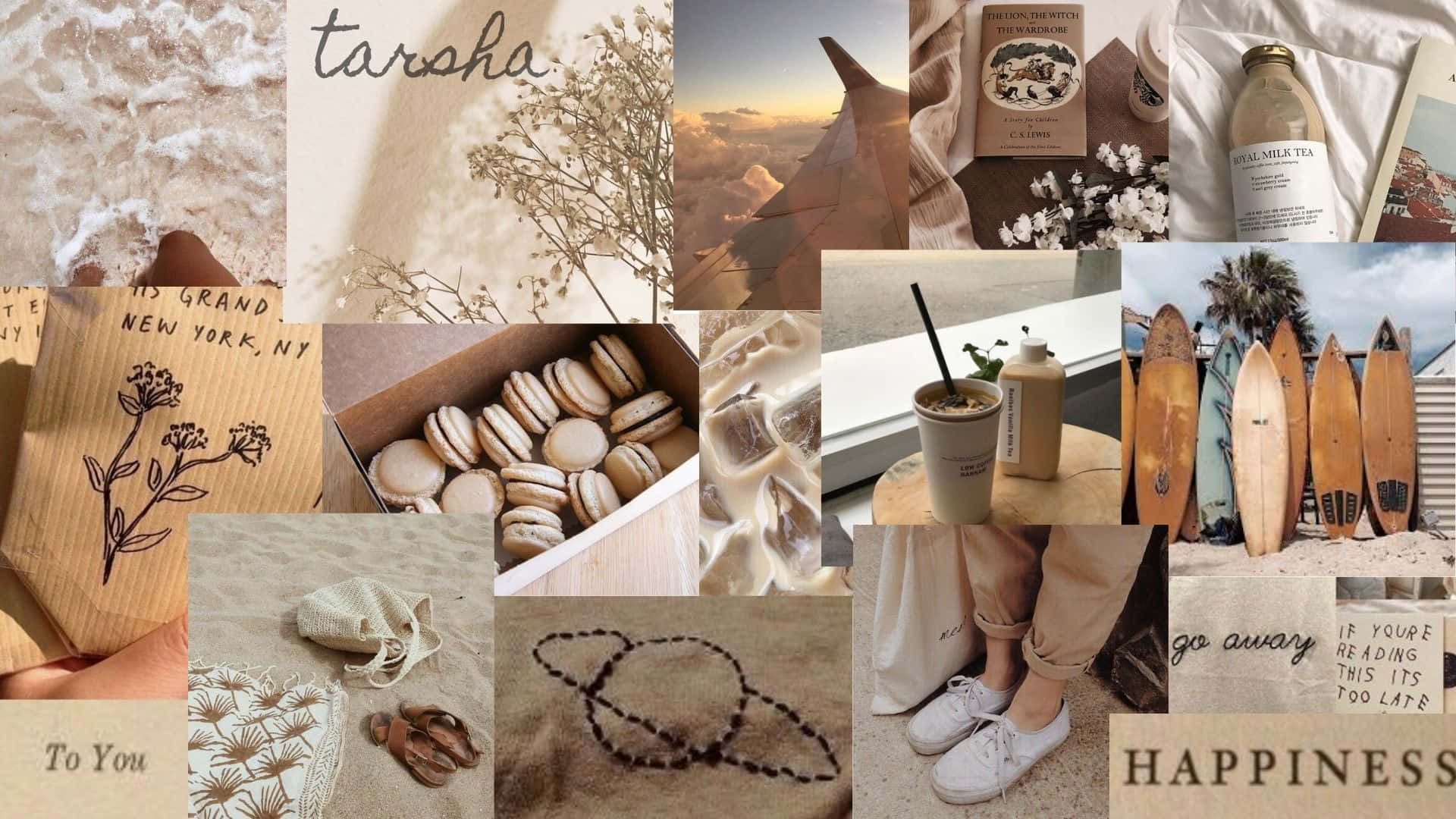 cozy neutral collage aesthetic moodboard, beachy lifestyle moments, macarons, Full HD Desktop Wallpaper