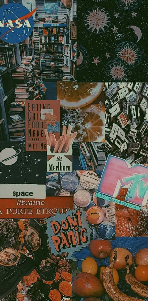 cosmic imagery, bookshelves, vintage cassette tapes, SD Phone Wallpaper