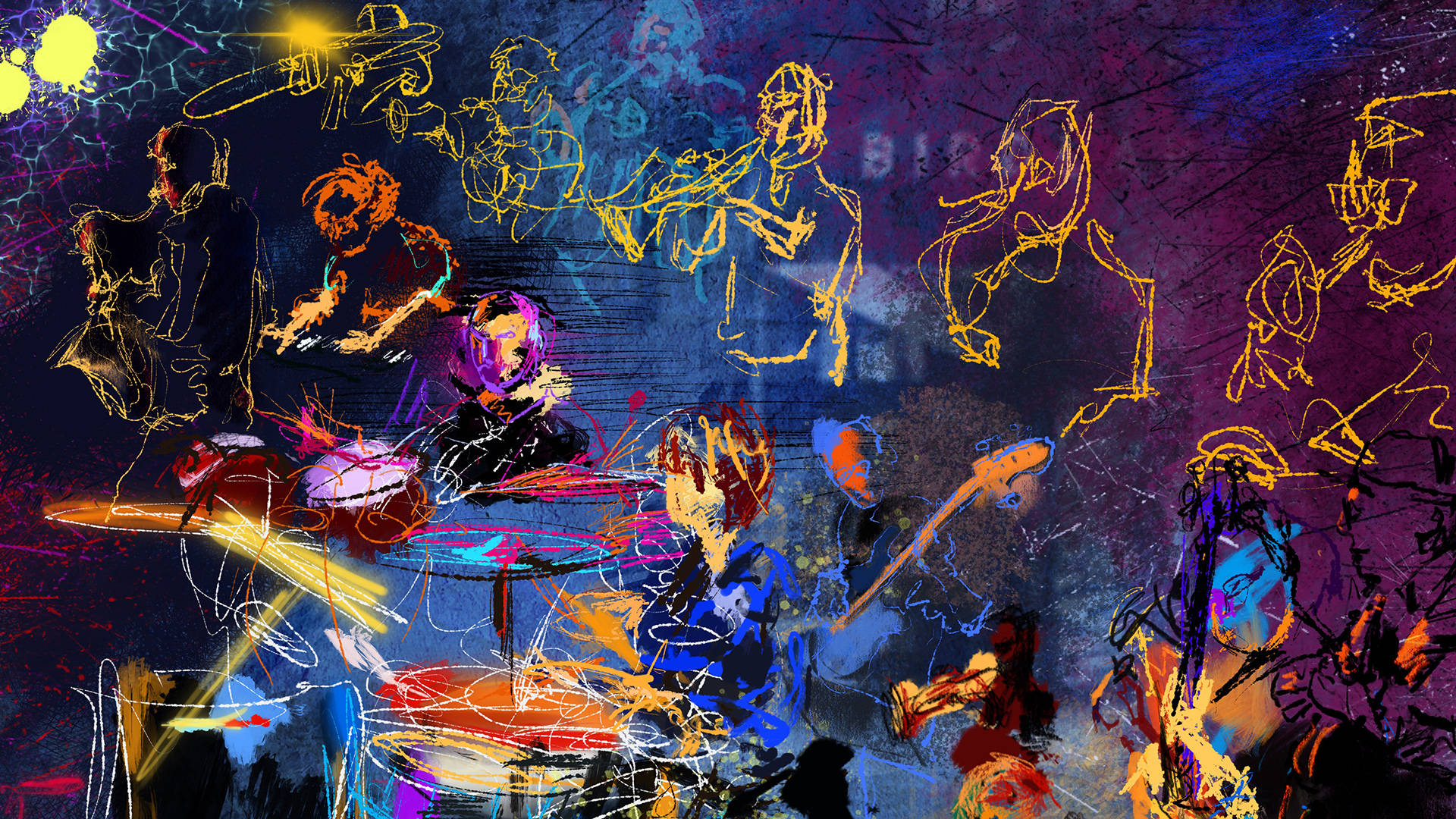 jazz band, glowing yellow outlines, dark cosmic background, Full HD Desktop Wallpaper